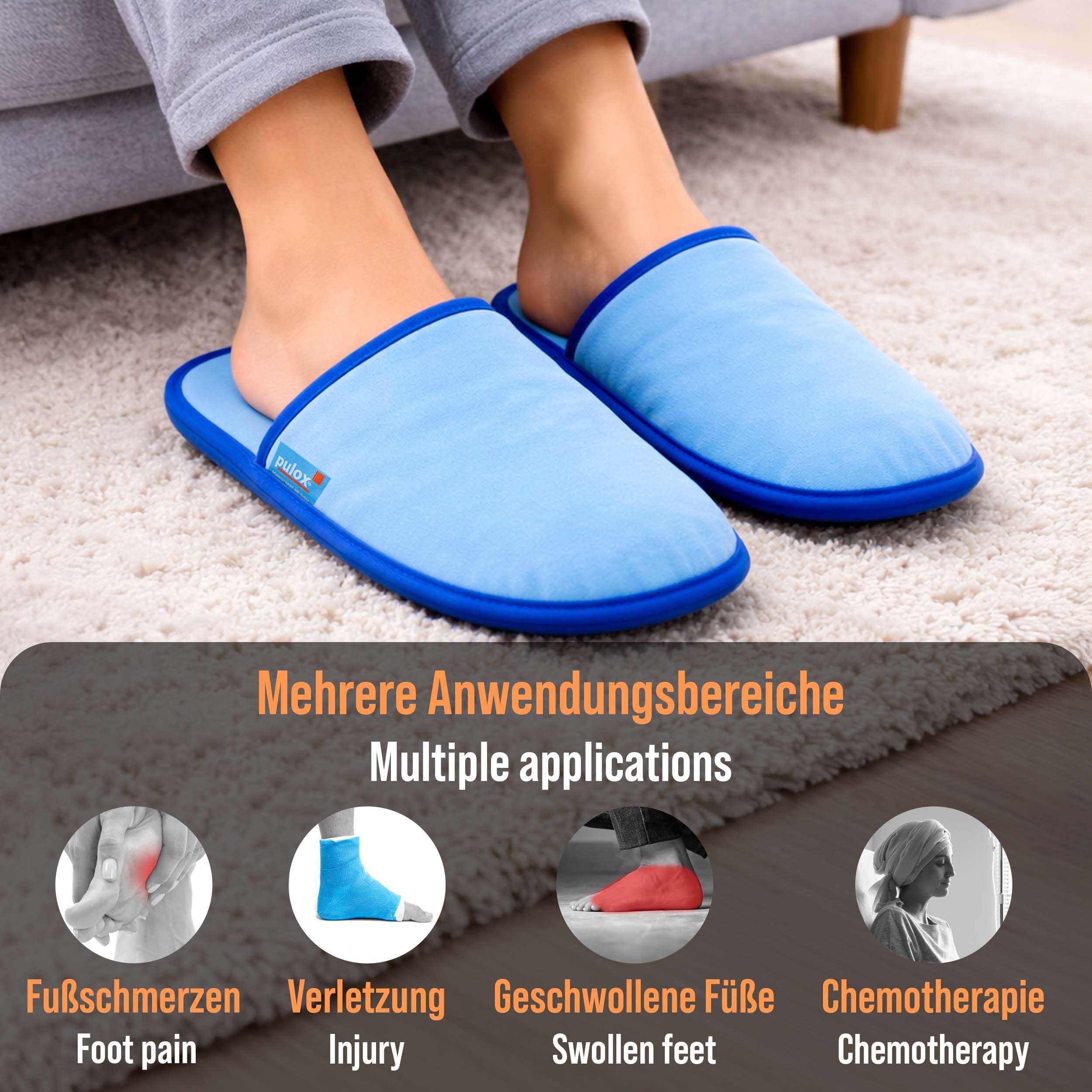 Person trägt hellblaue Slipper. Auf dem Teppich sind mehrere Anwendungsbereiche abgebildet: Fußschmerzen, Verletzung, geschwollene Füße, Chemotherapie.