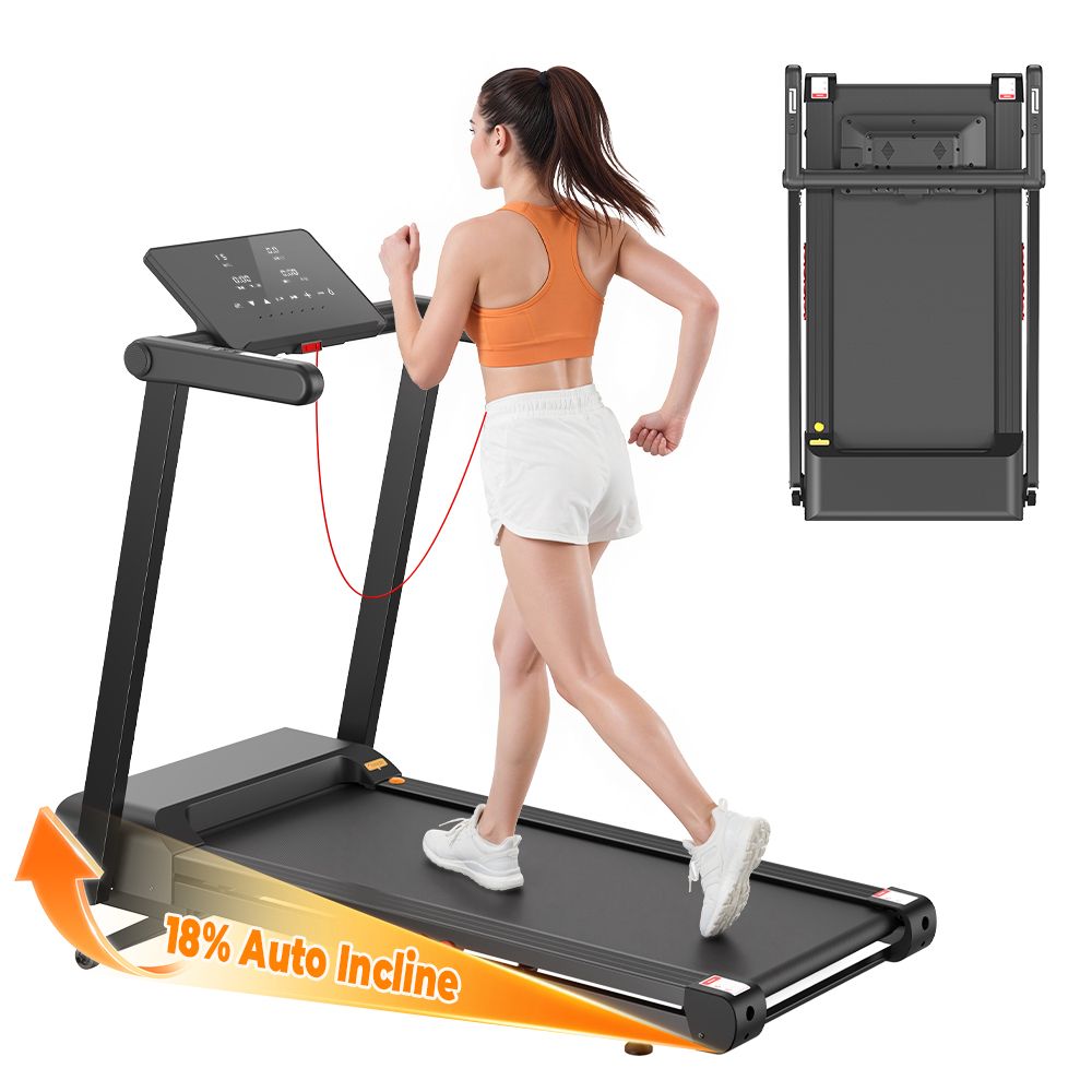 Schwarzes, klappbares Laufband mit Frau beim Laufen. 18% Auto Incline-Anzeige. Gefaltetes Laufband im Hintergrund.
