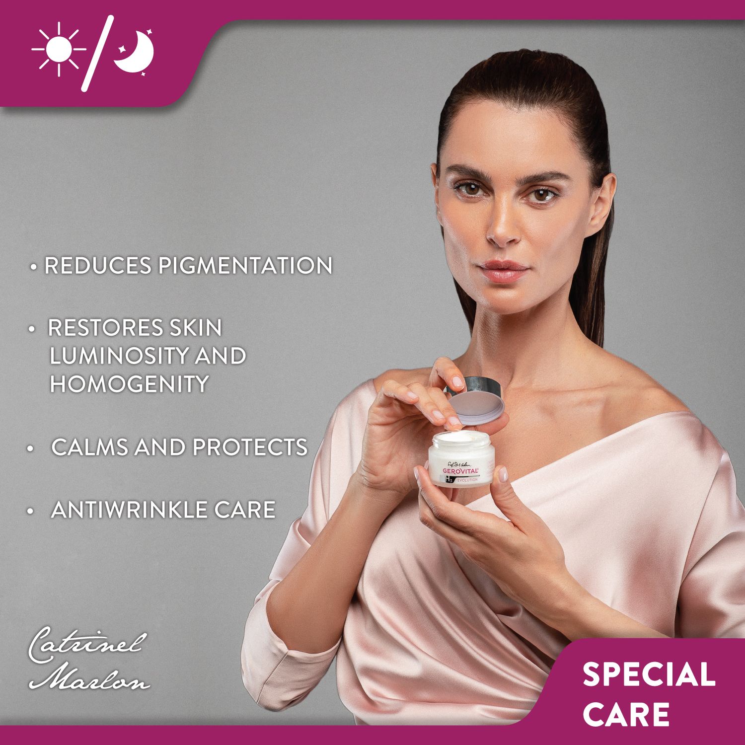 Frau hält einen Creme-Tiegel. Aufschrift: Gerovital H3 Evolution, Corrector Pete Pigmentare, Whitening Cream, Dark Spots Corrector.