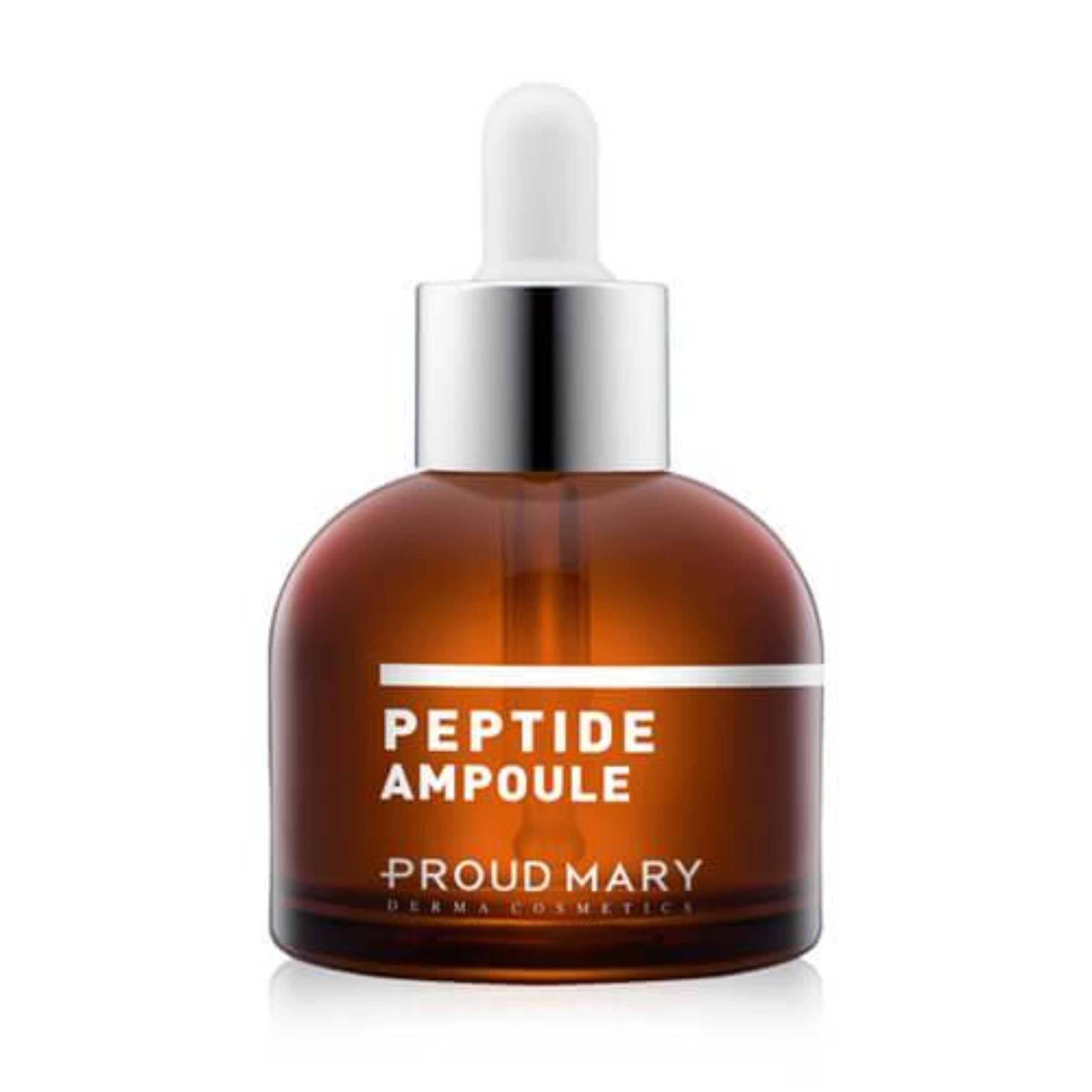 Braune Glasflasche mit silbernem Verschluss und Pipette. Aufschrift: PEPTIDE AMPOULE und PROUD MARY.