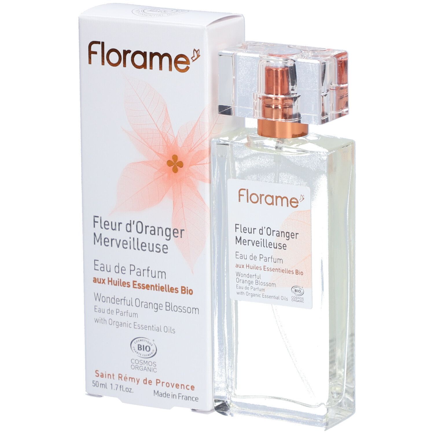 Florame Eau de Parfum mit Verpackung. Flakon mit Sprühkopf. Aufschrift: Fleur d'Oranger Merveilleuse, Eau de Parfum.
