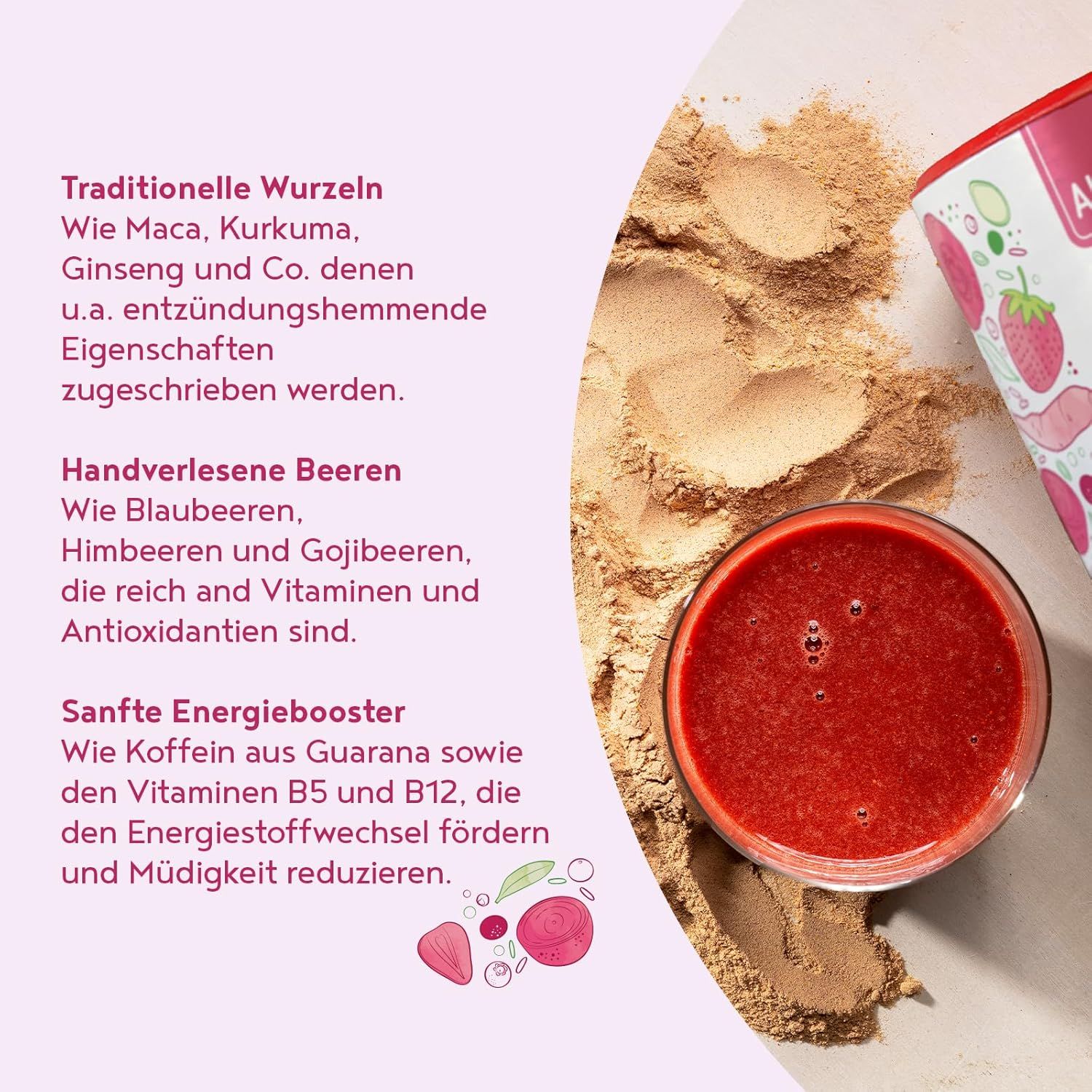 Text über traditionelle Wurzeln, handverlesene Beeren und sanfte Energiebooster. Rote Flüssigkeit und Pulver.