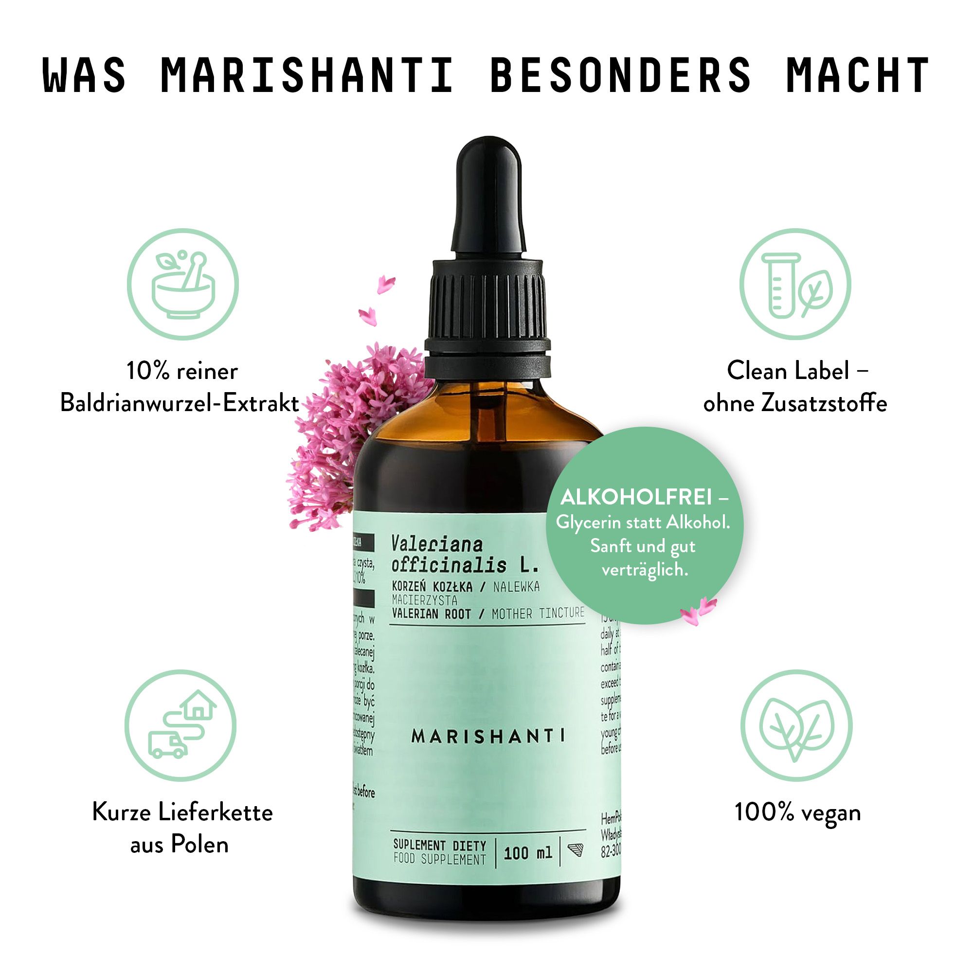 Braune Flasche mit Tropfer. Aufschrift: Marishanti, Baldrianwurzel Extrakt. Icons: 10% Extrakt, Clean Label, vegan.