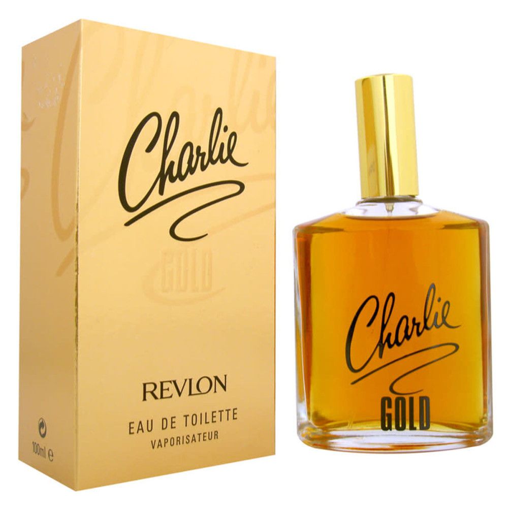 Goldfarbener Flakon und Schachtel. Aufschrift "Charlie Gold" und "Revlon". Eau de Toilette.