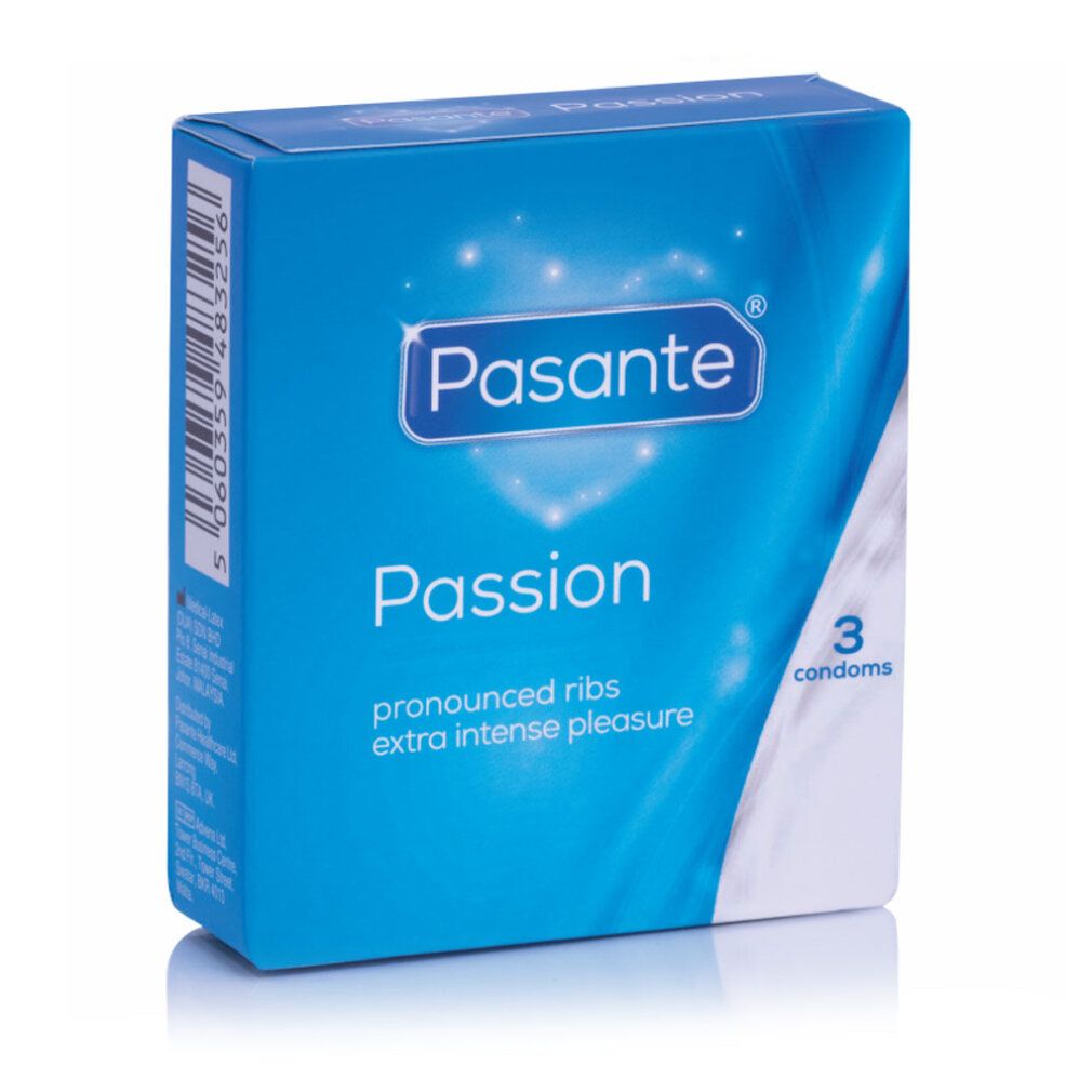 Blaue Schachtel mit Pasante Passion Kondomen. Enthält 3 Kondome. Aufschrift: pronounced ribs, extra intense pleasure.