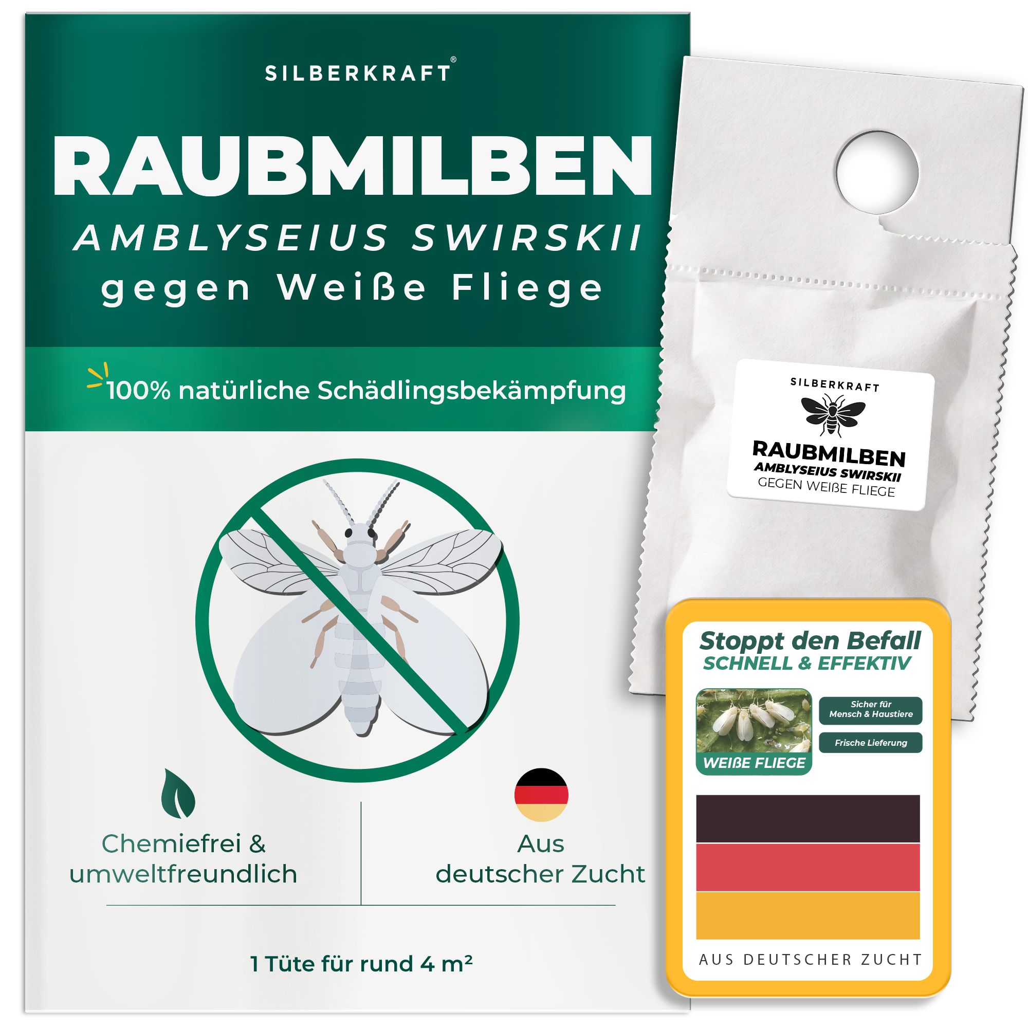 Silberkraft Raubmilben Amblyseius Swirskii gegen Weiße Fliege: 100% natürliche Schädlingsbekämpfung, chemiefrei, umweltfreundlich, aus deutscher Zucht.