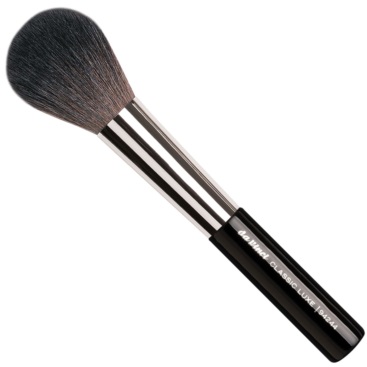 Puderpinsel Da Vinci Classic Luxe. Schwarzer Griff, silberne Zwinge, dunkle Borsten. Aufschrift: Classic Luxe | 94244.