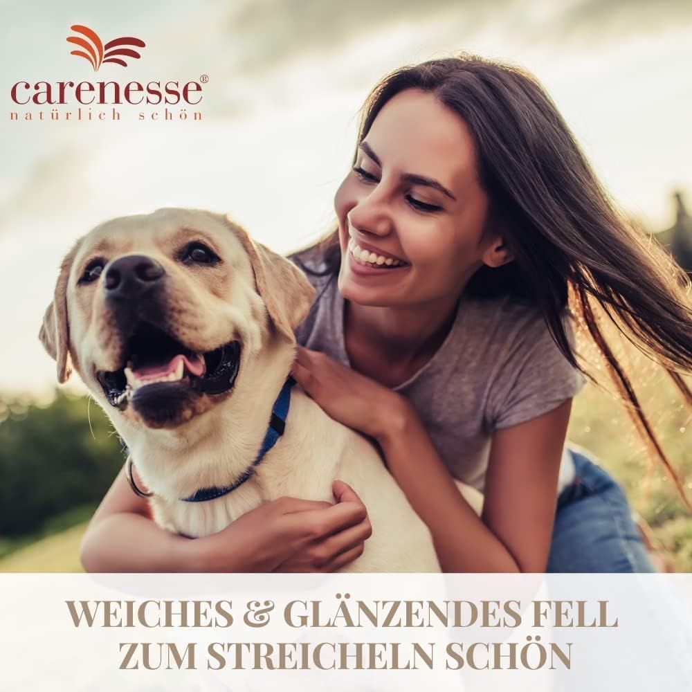 Frau umarmt Hund. Logo Carenesse. Text: Weiches & glänzendes Fell zum Streicheln schön.
