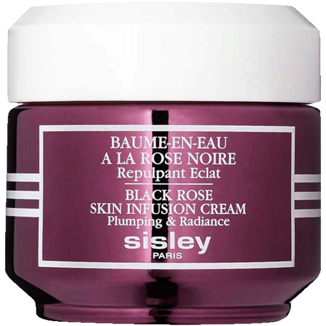 Dunkelrotes Tiegel mit weißem Deckel. Aufschrift: Baume-en-Eau à la Rose Noire, Black Rose Skin Infusion Cream, Sisley Paris.