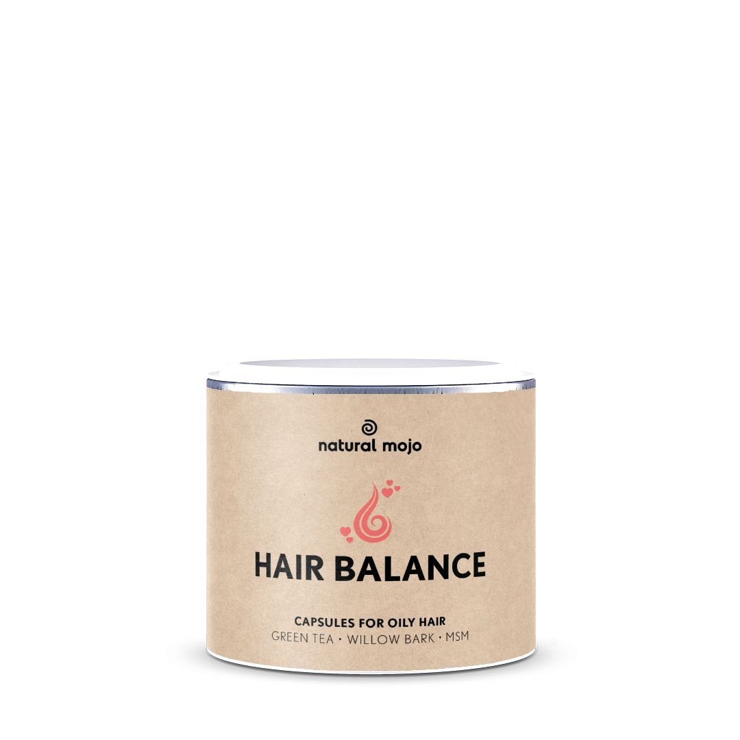 Zylinderdose mit "natural mojo"-Logo und "HAIR BALANCE"-Aufschrift. Enthält Kapseln für fettiges Haar. Zutaten: Grüntee, Weidenrinde, MSM.
