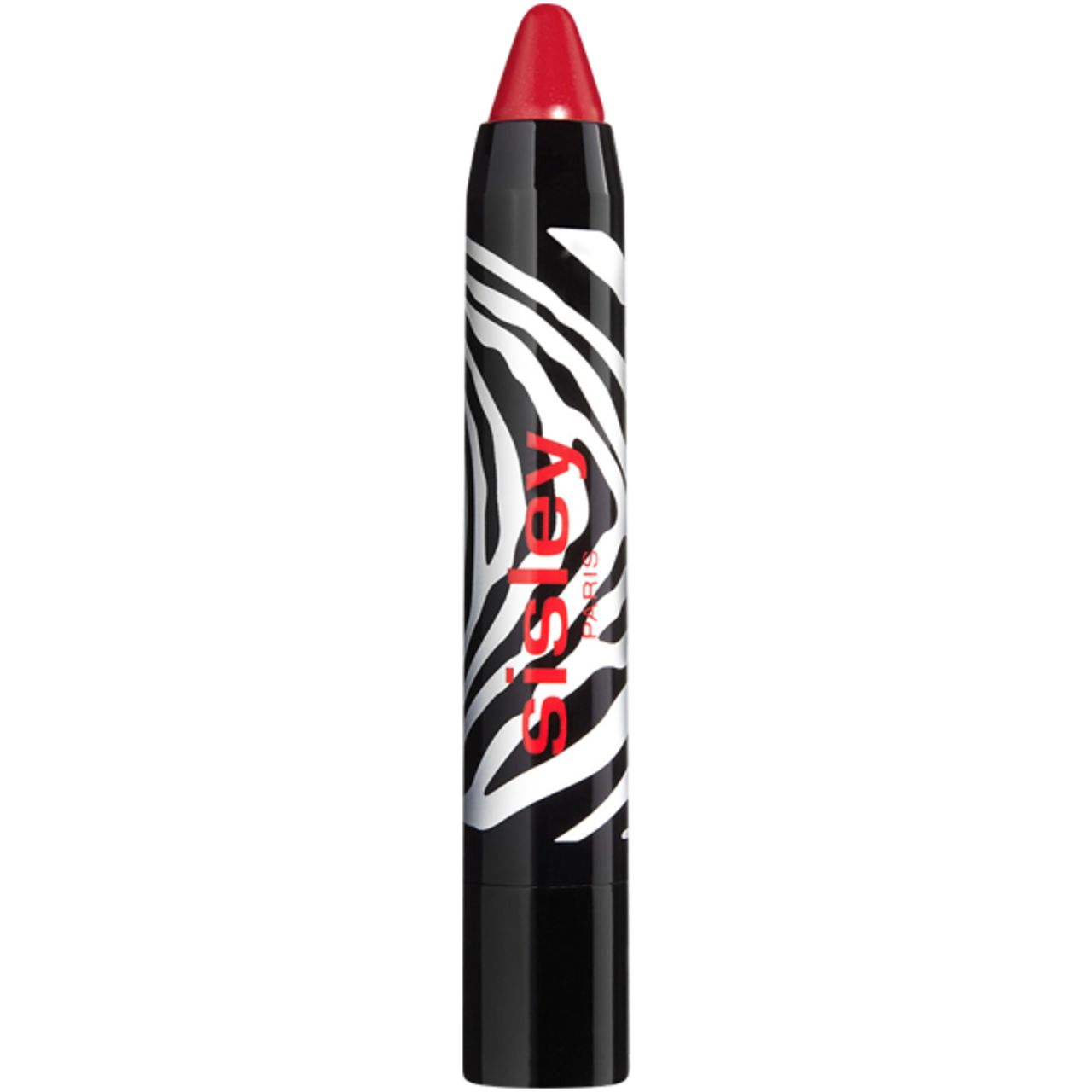 Roter Lippenstift in Stiftform. Schwarzer Stift mit Zebra-Muster und roter Schrift. Spitze geformt.