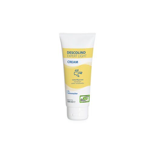 Creme-Tube mit gelbem Etikett. Aufschrift: DESCOLIND EXPERT LIGHT CREAM. Logo mit Hand. 100 ml.