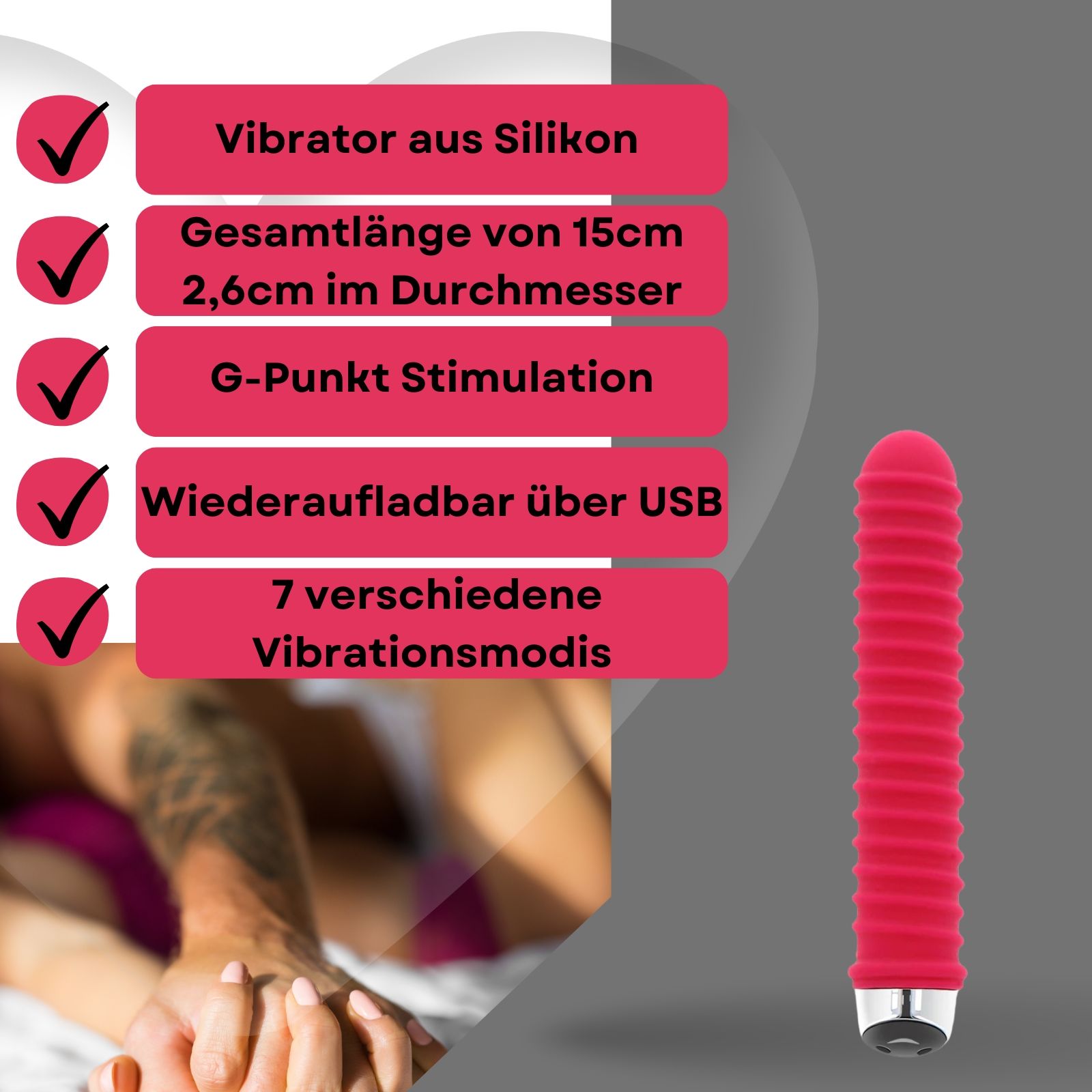 Roter Vibrator mit Rillen. Text: Vibrator aus Silikon, 15cm lang, 2,6cm Durchmesser, G-Punkt Stimulation, USB.