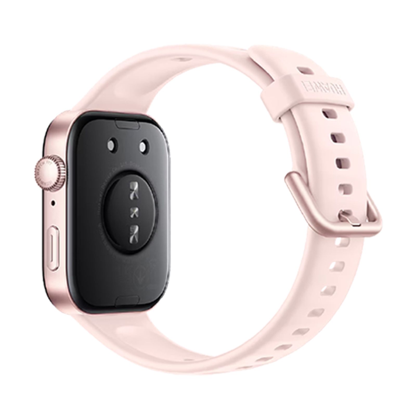 Rückseite der Smartwatch. Schwarze Sensoren und rosa Armband. Details des Armbands und Gehäuses sichtbar.