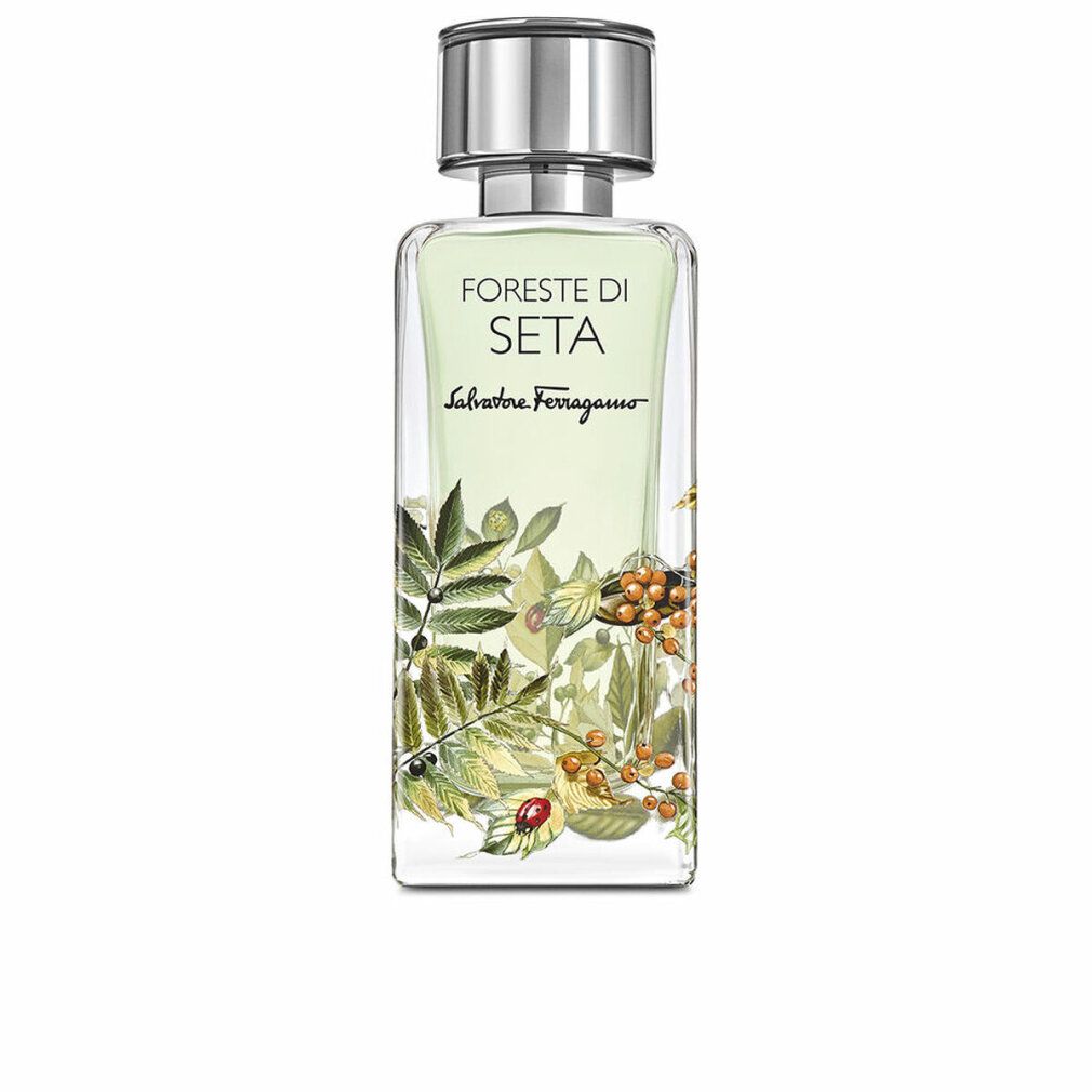 Foreste di Seta EdP Nat. Spray. Rechteckige Glasflasche mit silbernem Deckel. Floral-Dekor mit Blättern und Beeren.