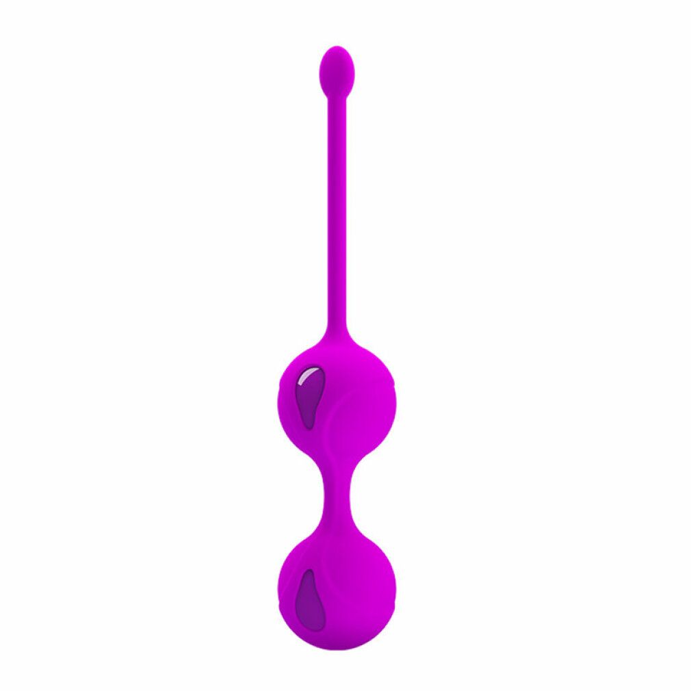 Zwei lilafarbene Kegel-Kugeln mit Verbindungsstück und Griff. Aus Silikon.