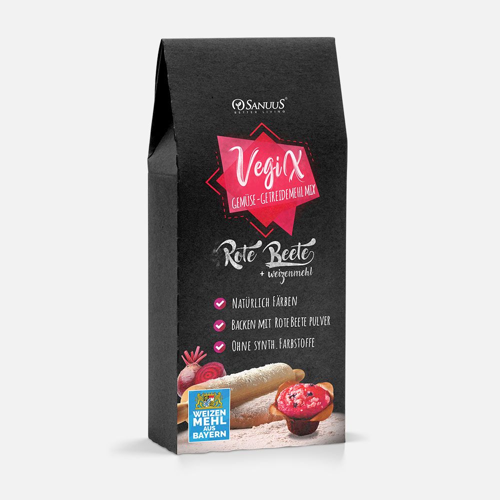 Schwarze Verpackung mit SANUUS® VegiX Weizenmehl 550. Rote Beete Pulver, Illustrationen von Rote Bete und Mehl. Text: Natürlich färben.