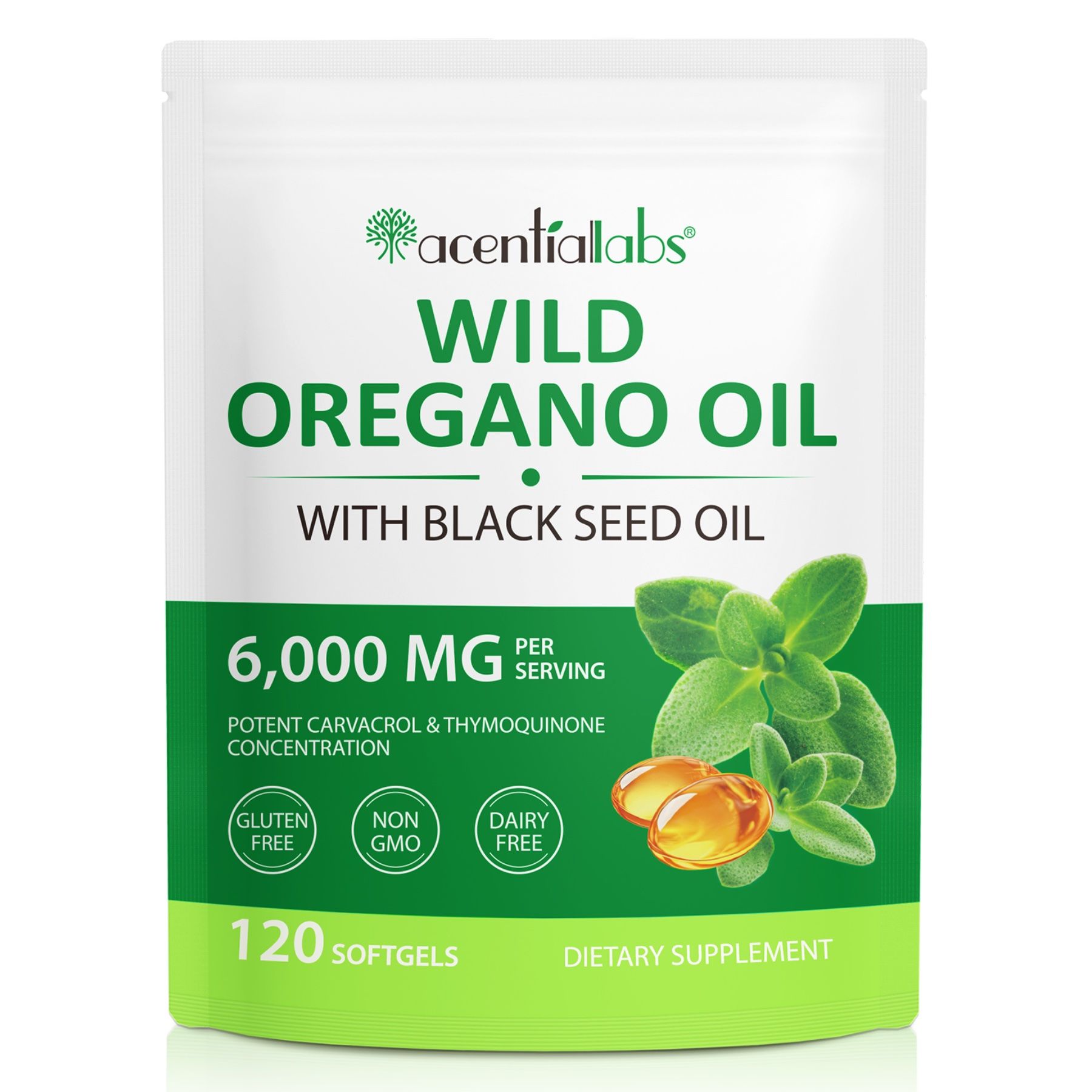 Beutel mit Softgels. Text: Wild Oregano Oil, 120 Softgels, 6.000 mg. Grün, gelb, Blätter. Siegel.