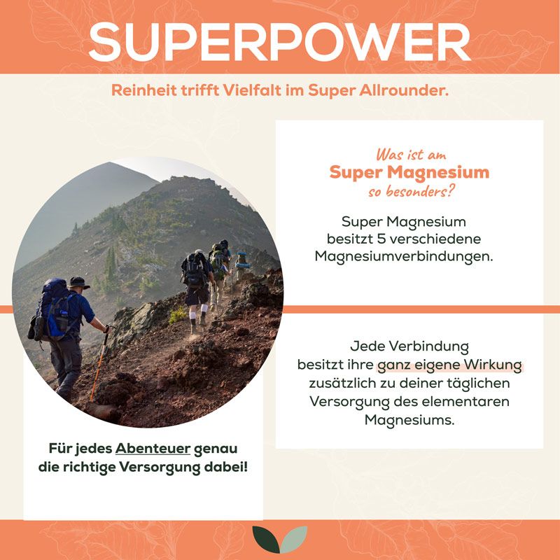 Infografik mit Wanderern und Text. Super Magnesium: 5 Magnesiumverbindungen. Für jedes Abenteuer die richtige Versorgung.