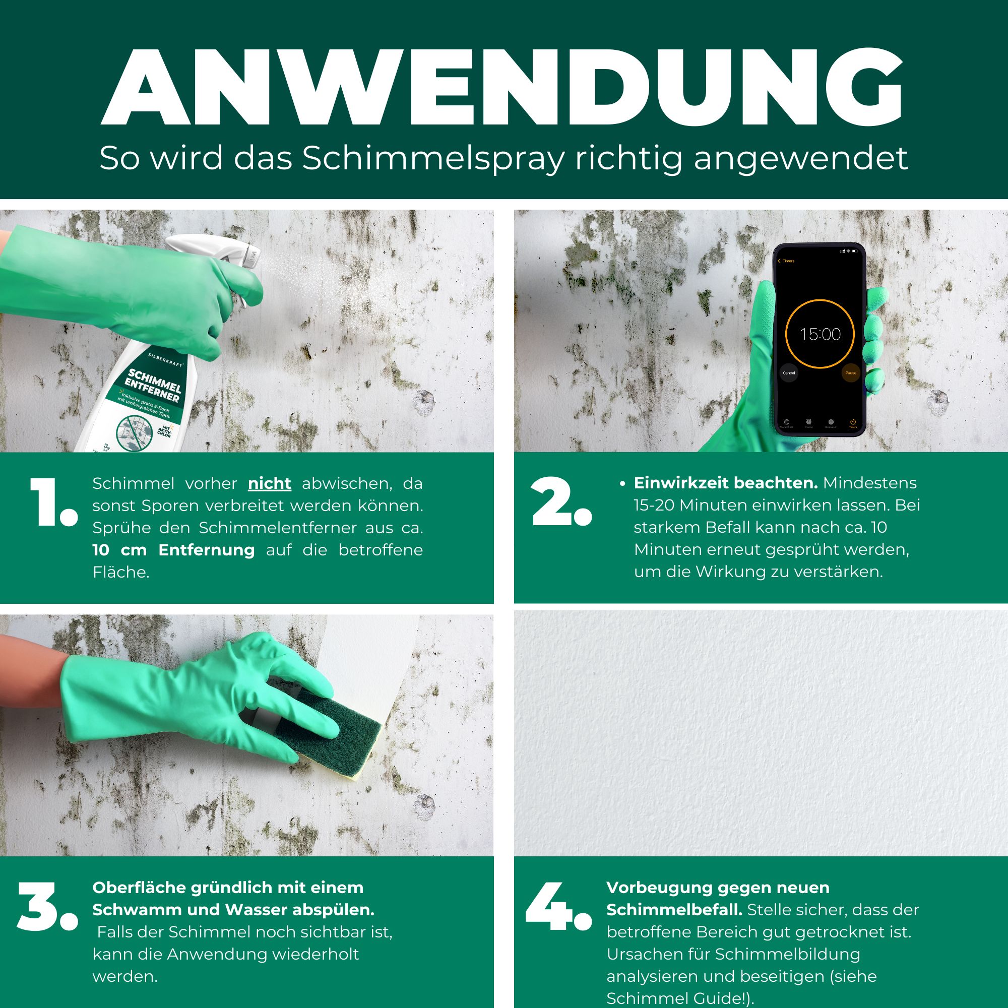 Anwendungsschritte: 1. Spray auftragen. 2. Einwirkzeit beachten. 3. Oberfläche abspülen. 4. Vorbeugung gegen neuen Schimmel.