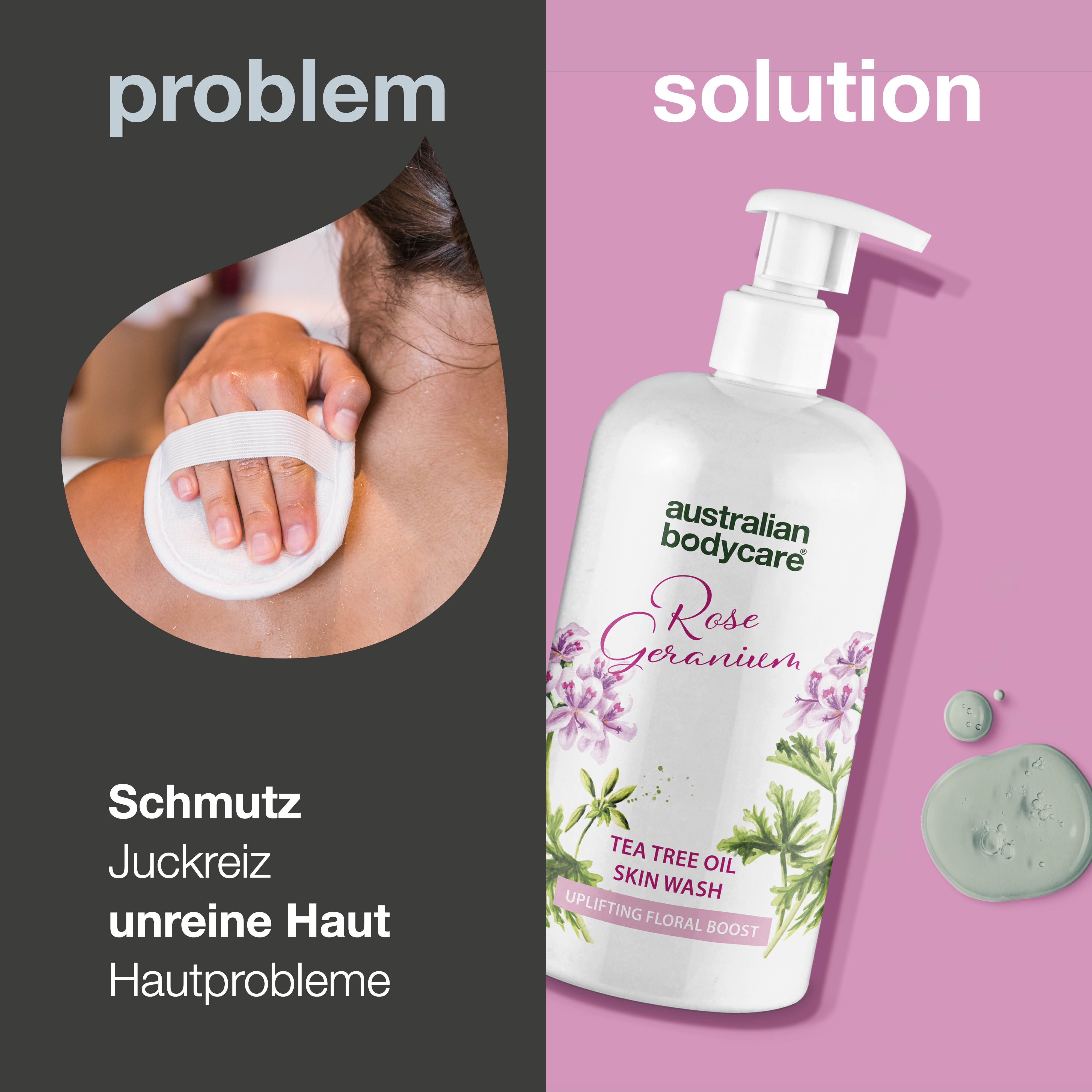 Produktflasche mit Pumpe. Aufschrift: Rose Geranium, Tea Tree Oil Skin Wash. Person reinigt Rücken.