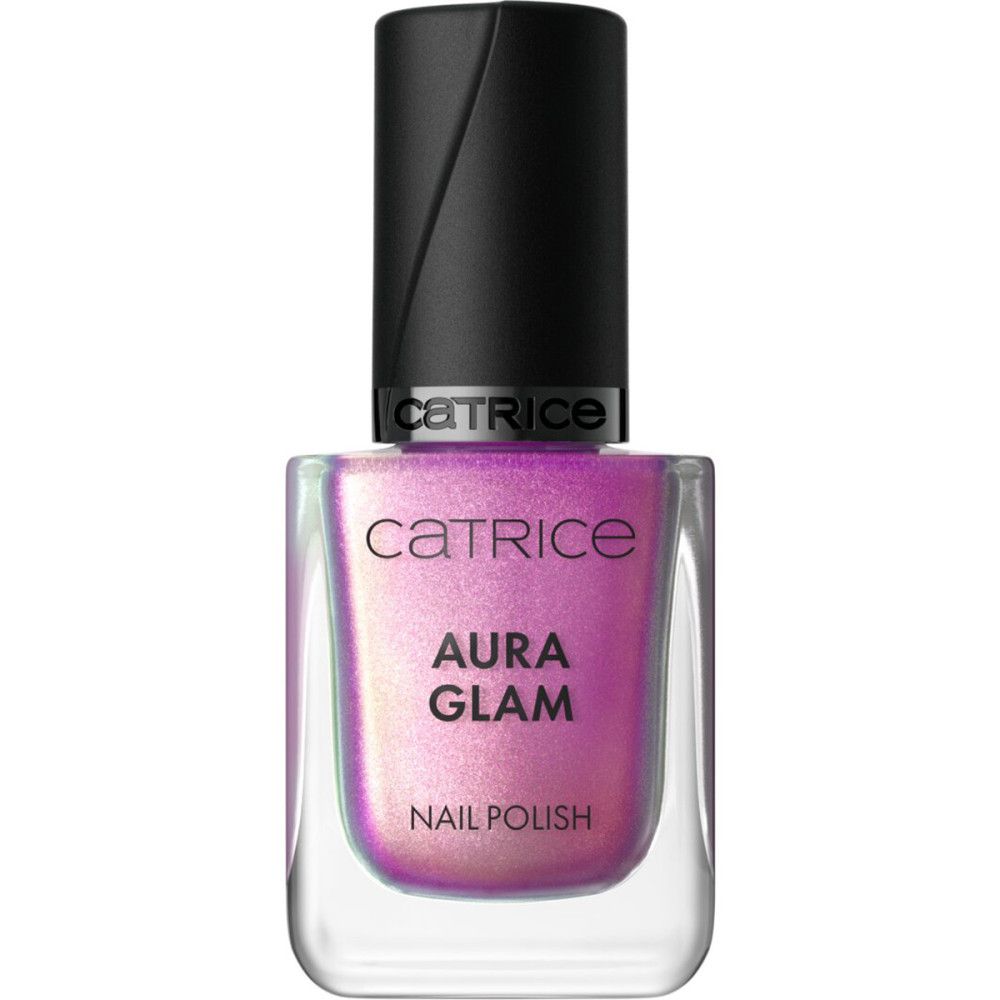 Nagellackflasche mit schwarzem Deckel. Farbverlauf von Rosa nach Lila. Schriftzug: Catrice, Aura Glam, Nail Polish.