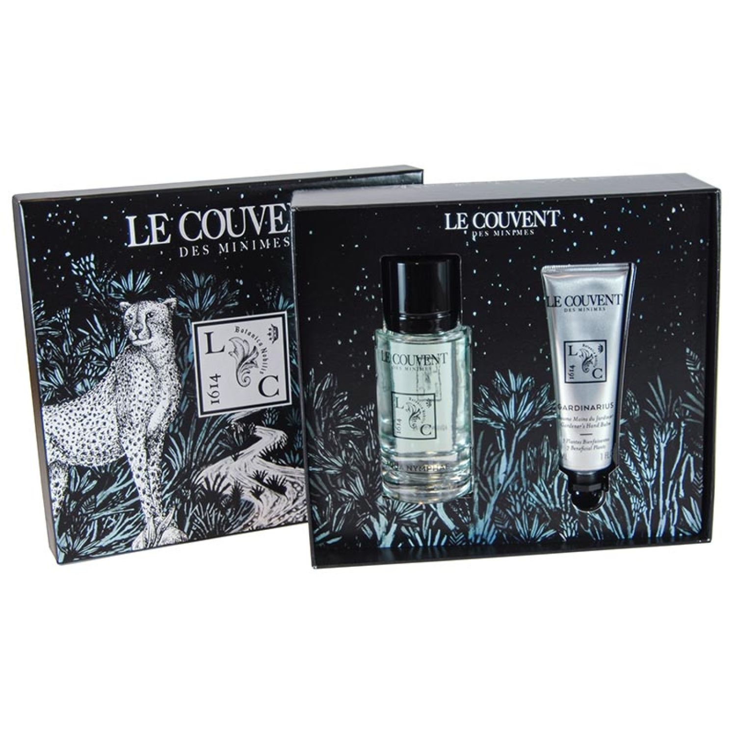 Geschenkset mit Eau de Toilette und Handbalsam. Schwarze Verpackung mit Illustrationen und Produktnamen. Flakon und Tube.