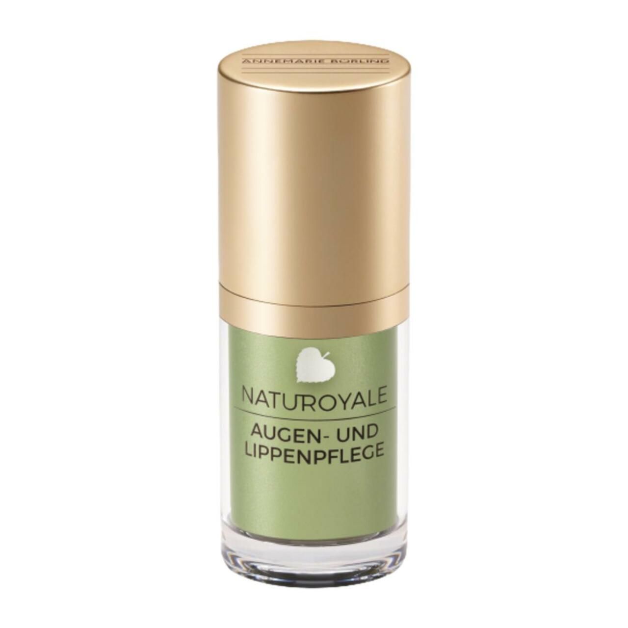 Grüne Augen- und Lippenpflege-Tube mit goldener Kappe. Schriftzug: NATUROYALE, Augen- und Lippenpflege.
