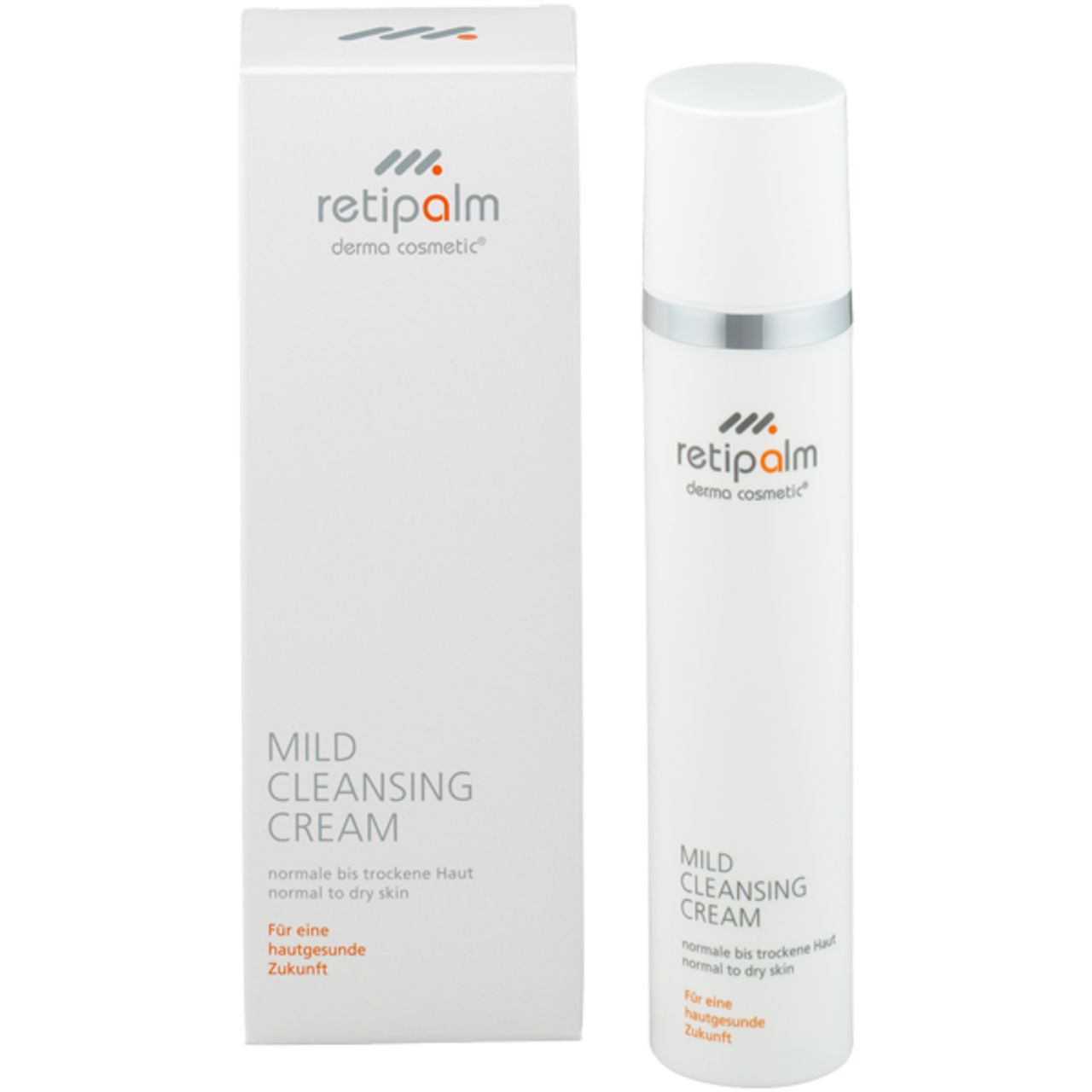 Weiße Flasche und Verpackung. Aufschrift: retipalm, Mild Cleansing Cream. Für normale bis trockene Haut. Mit Logo.
