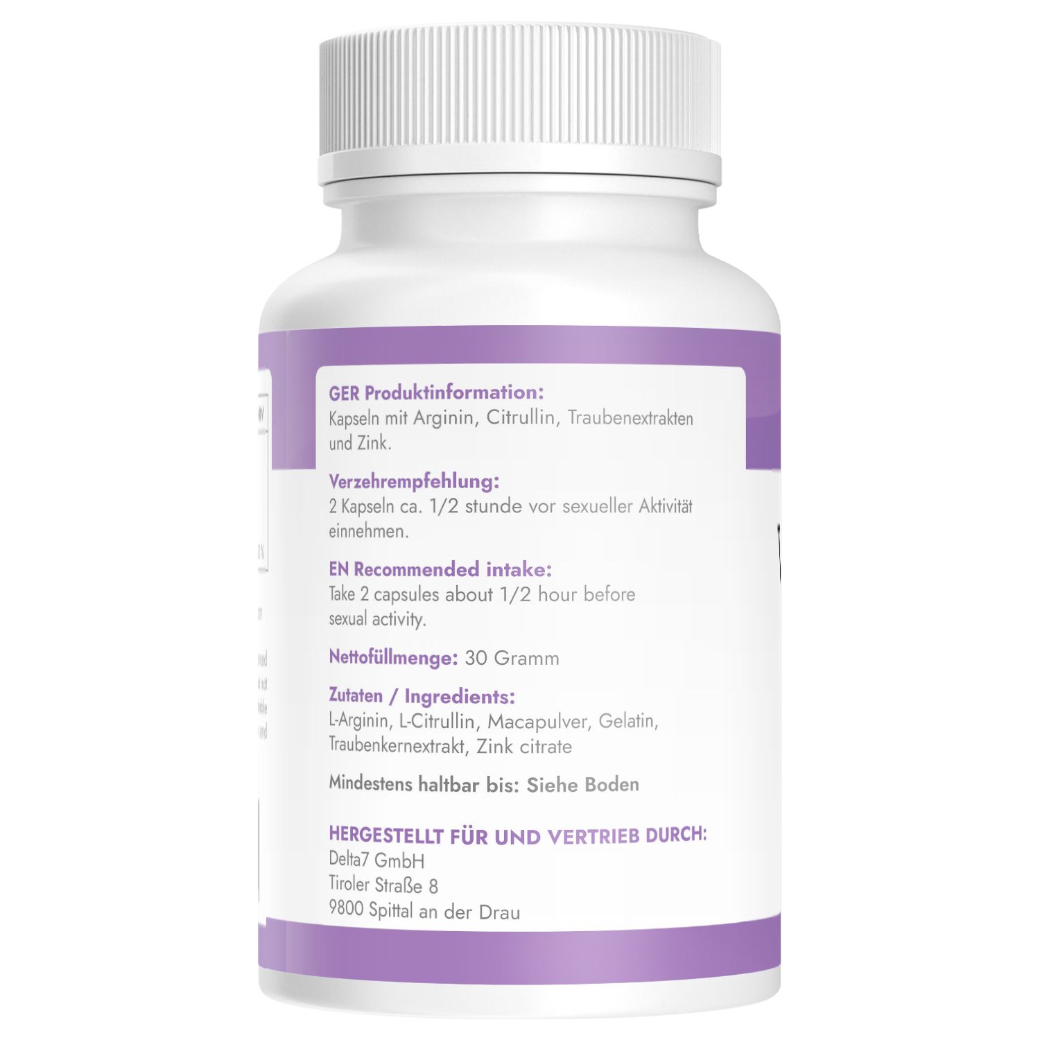 Rückseite einer Viaramil Men Performance Kapseldose mit Produktinformationen und Inhaltsstoffen.