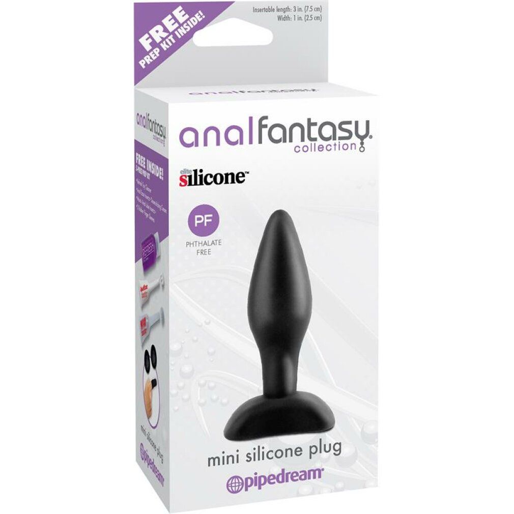 Verpackung mit schwarzem Mini-Plug. Aufschrift: 'analfantasy collection silicone' und 'pipedream'.