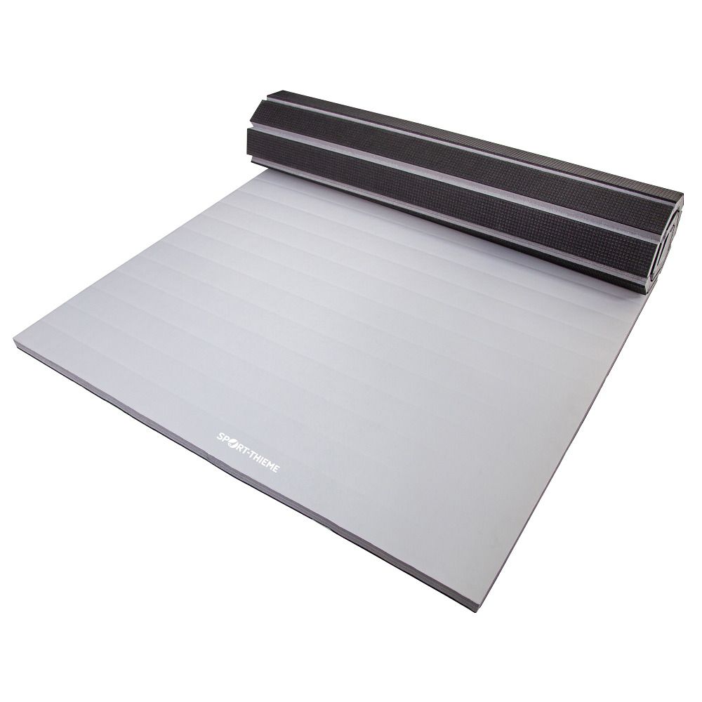 Gerollte Matte mit grauem Untergrund und schwarzem Rand. Aufdruck "Sport-Thieme".