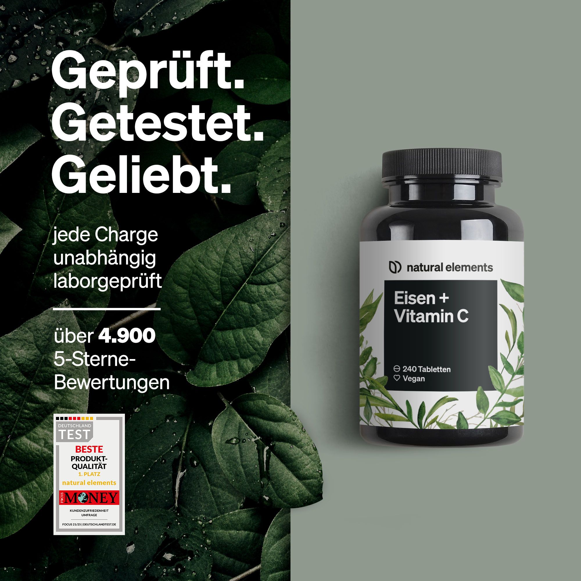 Schwarze Flasche mit Etikett. Aufschrift: Eisen + Vitamin C, 240 Tabletten, Vegan. Grünpflanzen-Dekor. Test-Siegel.