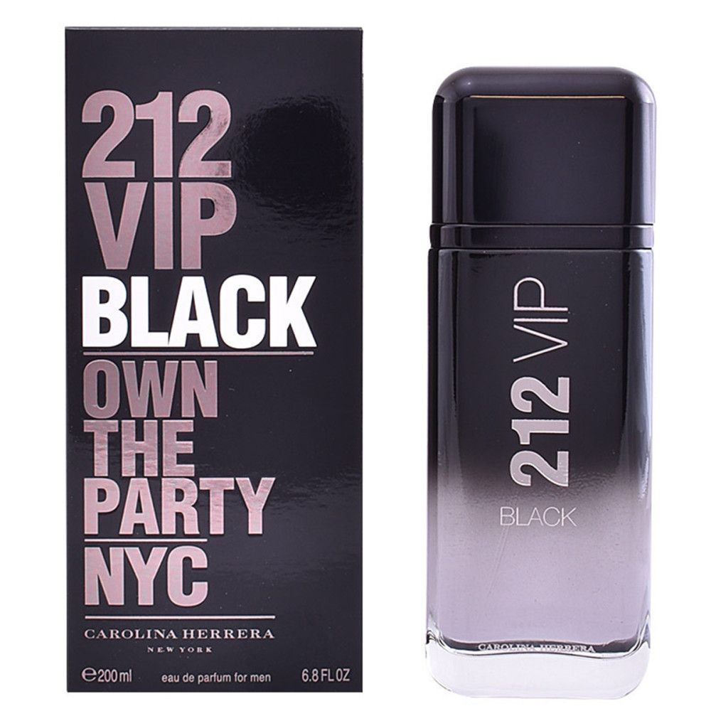 Schwarzer Flakon und Verpackung. Aufschrift: 212 VIP BLACK, Carolina Herrera. Flakon mit Farbverlauf.