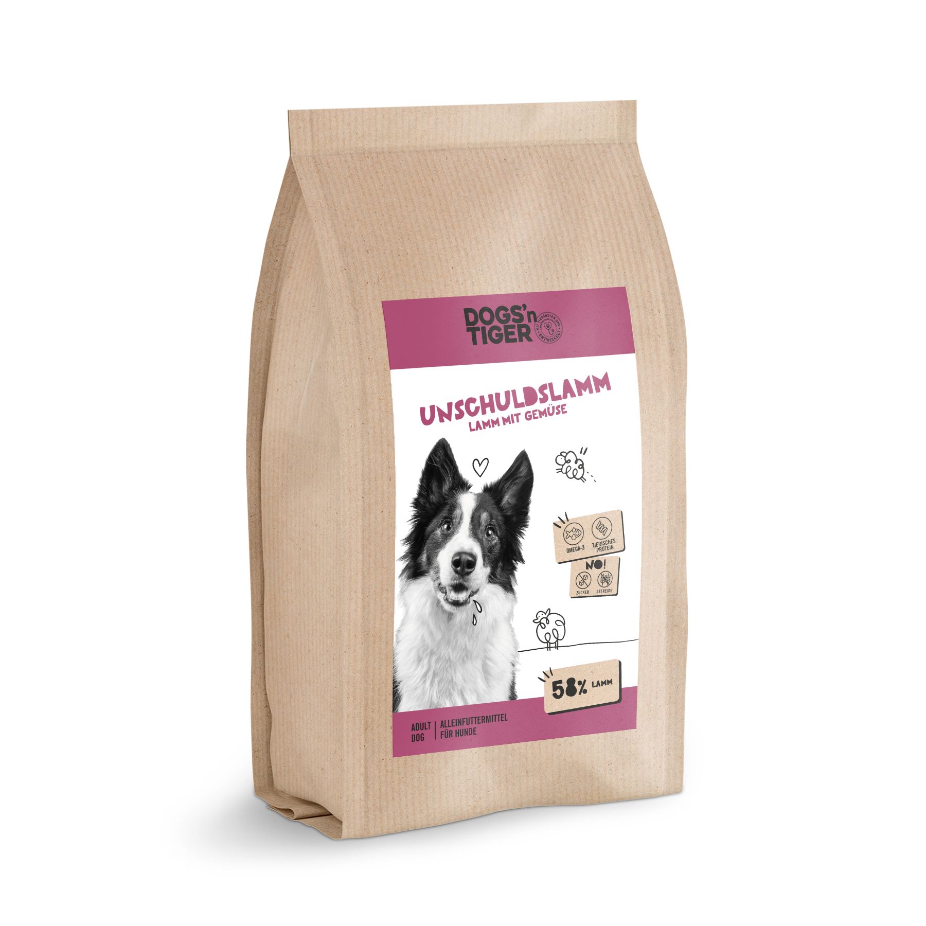 Dogs’n Tiger Adult Premium Hunde Futter, Unschuldslamm, Trockenfutter, Getreidefrei, Lamm & Kräuter