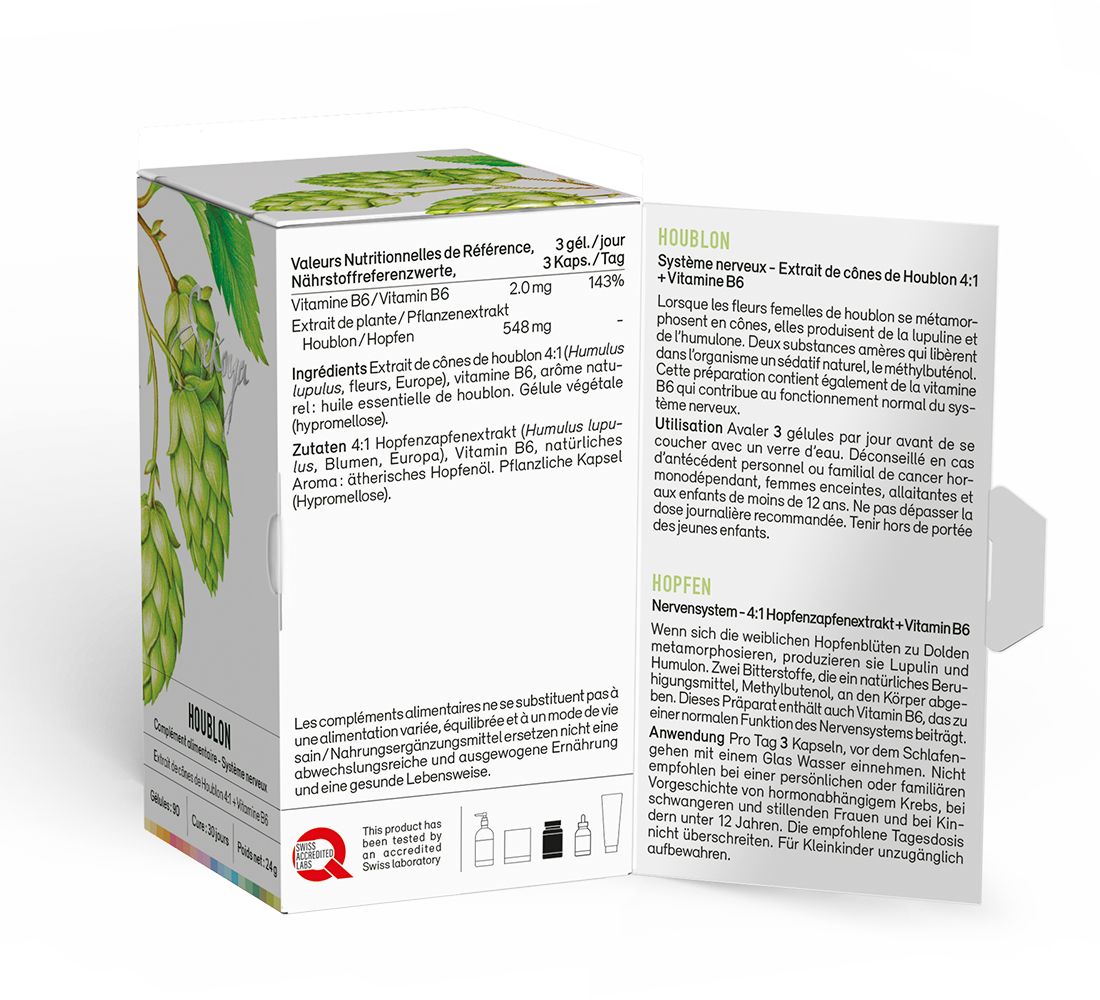 Weiße Schachtel mit Text und Illustrationen von Hopfen. Enthält Informationen zu Inhaltsstoffen und Anwendung. Rückseite mit Text in Französisch.