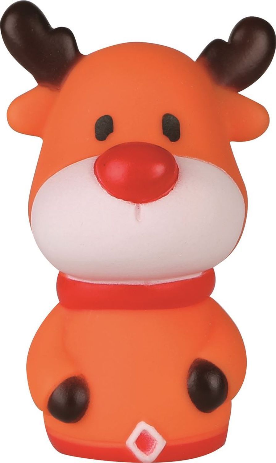 Orangefarbenes Rentier-Fingerpuppe mit braunen Hörnern, roter Nase und rotem Schal. Schwarze Augen und schwarze Punkte.