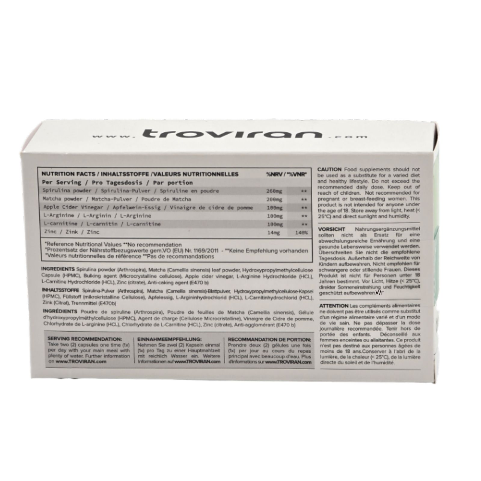 Rückseite der Verpackung mit Nährwertangaben und Inhaltsstoffen. Text in Deutsch, Englisch und Französisch. Enthält Warnhinweise.