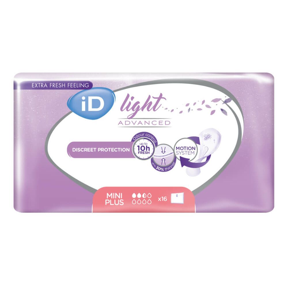 Verpackung iD light Mini Plus. Lila-weißes Design. Text: "Extra Fresh Feeling", "Discreet Protection", "10h Fresh". 16 Stück.