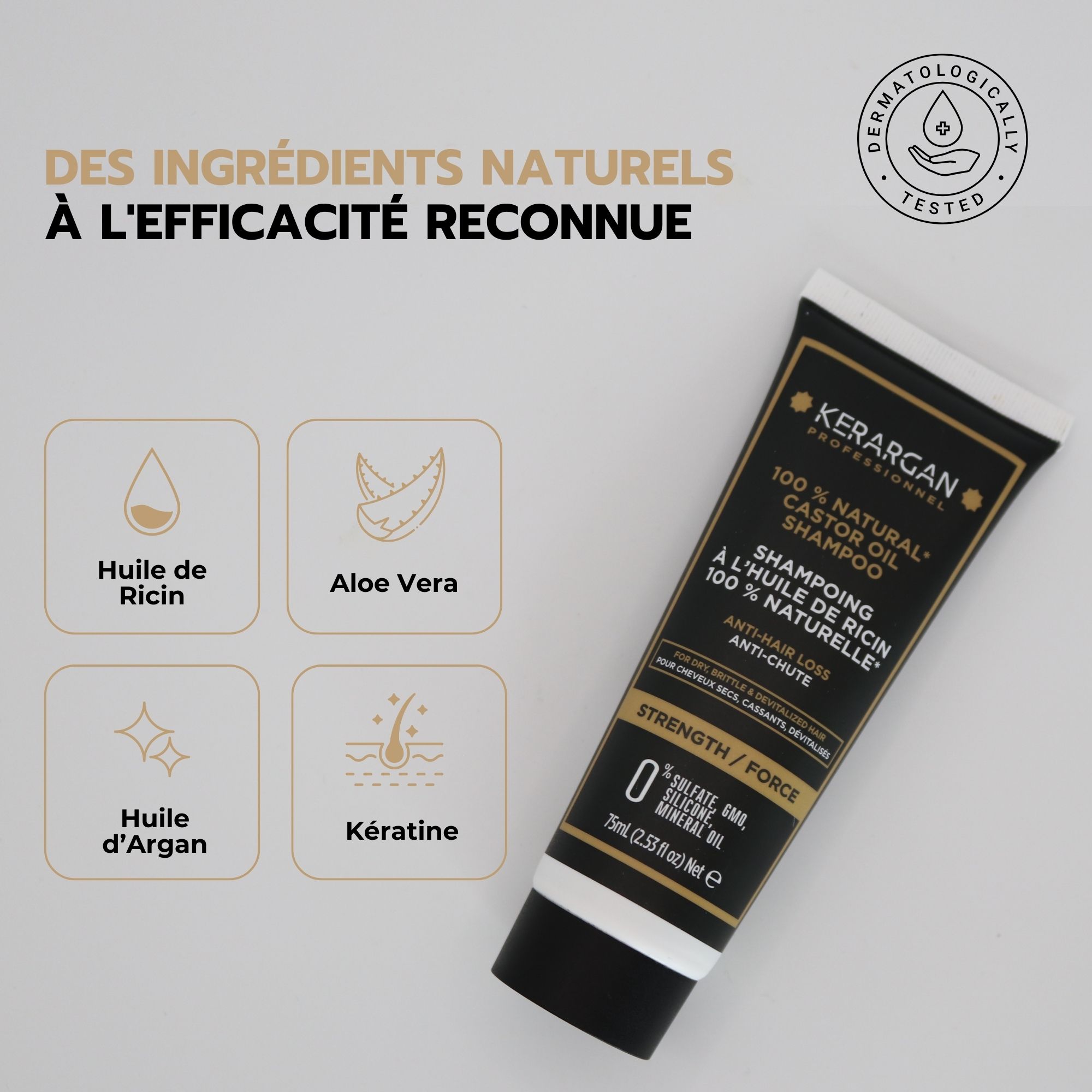 Tube de shampooing Kerargan. Texte : Des ingrédients naturels à l'efficacité reconnue. Ingrédients illustrés.