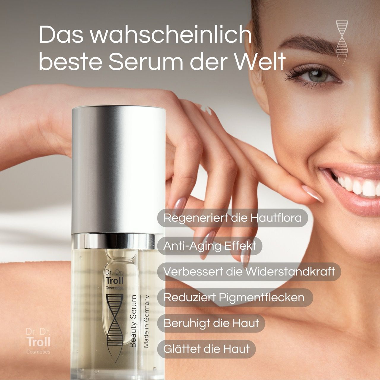 Dr. Dr. Troll Beauty Serum. Flasche mit silberner Kappe. Text: Regeneriert, Anti-Aging, verbessert, reduziert, beruhigt, glättet.
