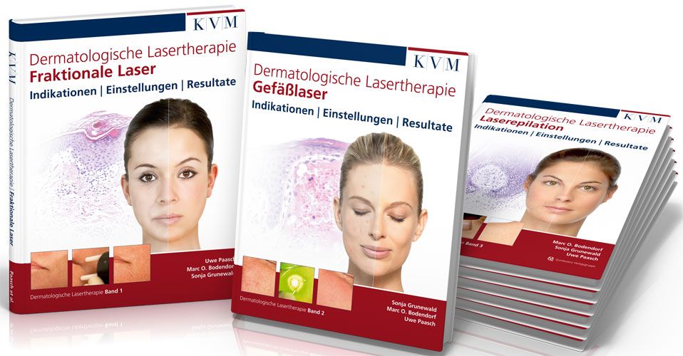 Drei Bücher: Dermatologische Lasertherapie. Titel, Autoren und Bandnummern sichtbar. Frauenporträts auf den Covern.