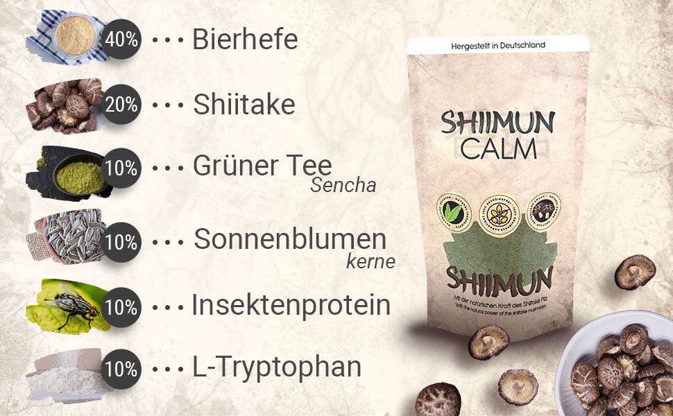 Produktverpackung SHIIMUN CALM neben Zutaten. Zutaten: Bierhefe, Shiitake, Grüner Tee, Sonnenblumenkerne, Insektenprotein, L-Tryptophan.