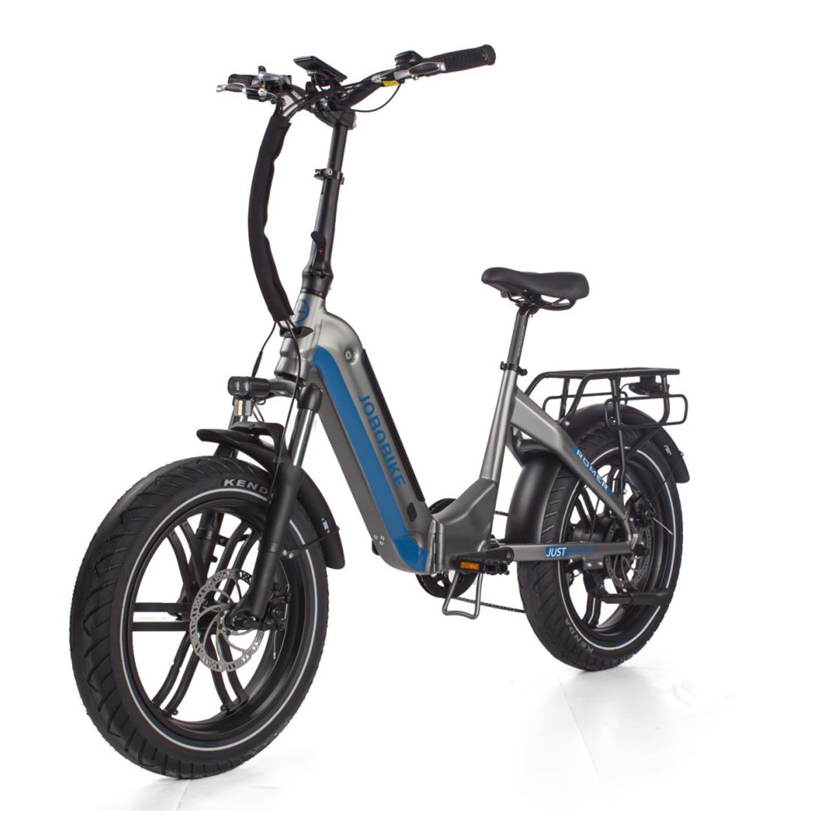 Grau-blaue, zusammenklappbare E-Bike. Schwarze Reifen, Gepäckträger, Sattel. JOBOBIKE-Logo.