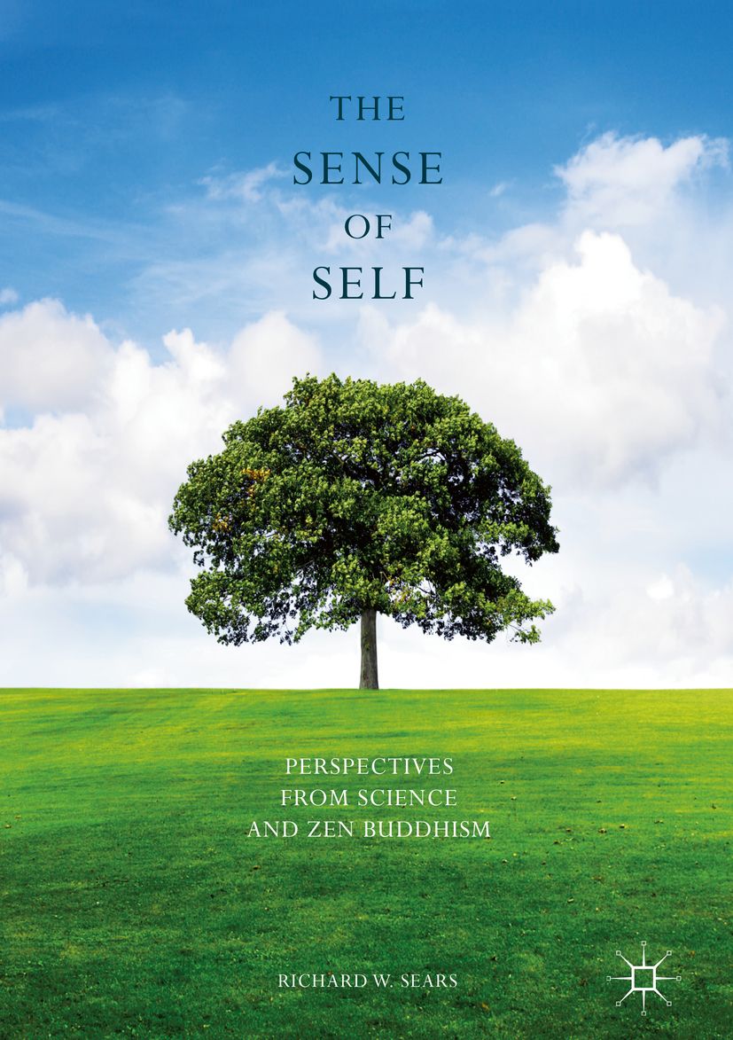 Buchcover mit Titel "The Sense of Self". Baum auf grüner Wiese unter blauem Himmel. Text: Perspektiven aus Wissenschaft und Zen-Buddhismus.