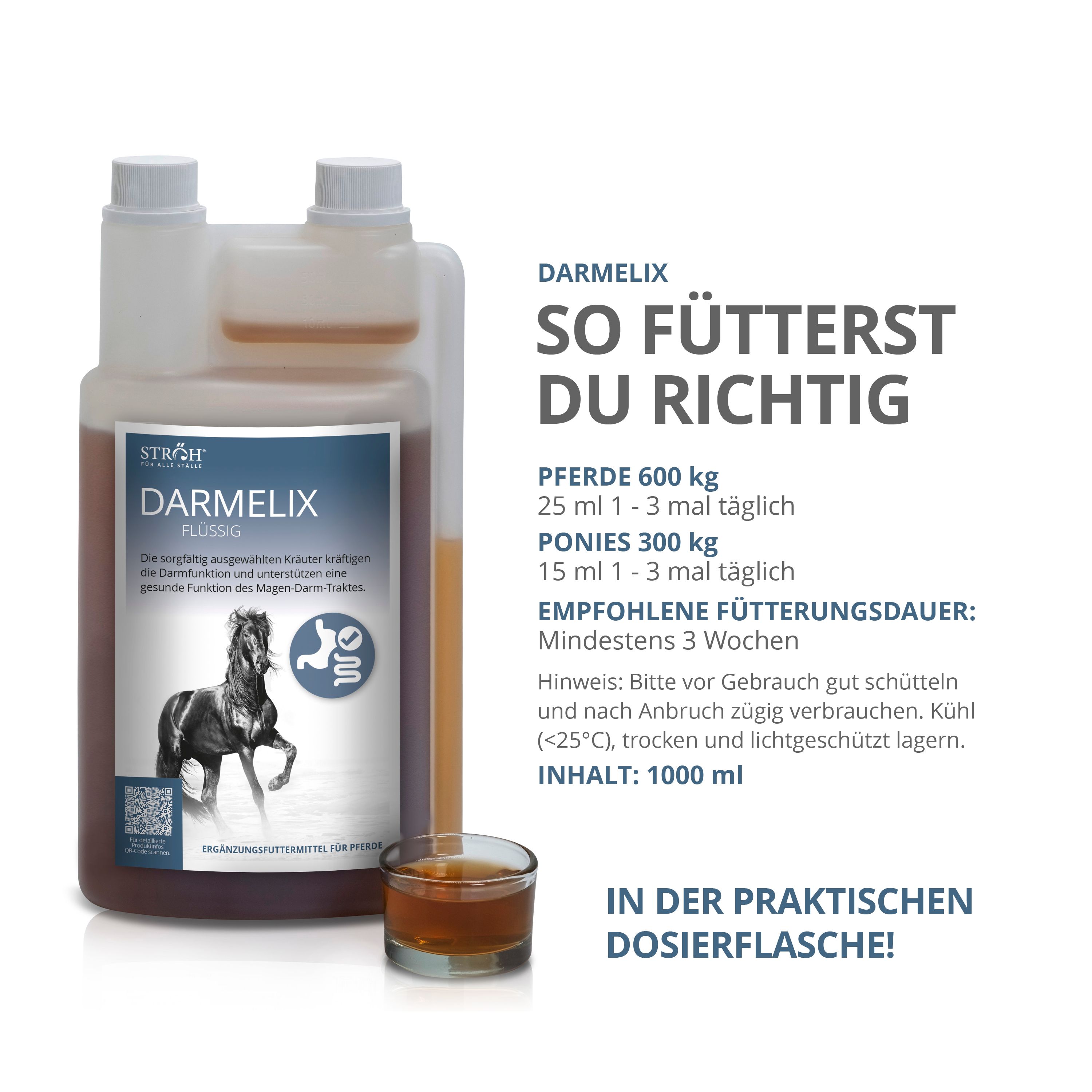 DARMELIX Flüssig-Flasche mit Glas. Dosierungsempfehlung für Pferde und Ponys. Inhalt: 1000 ml.