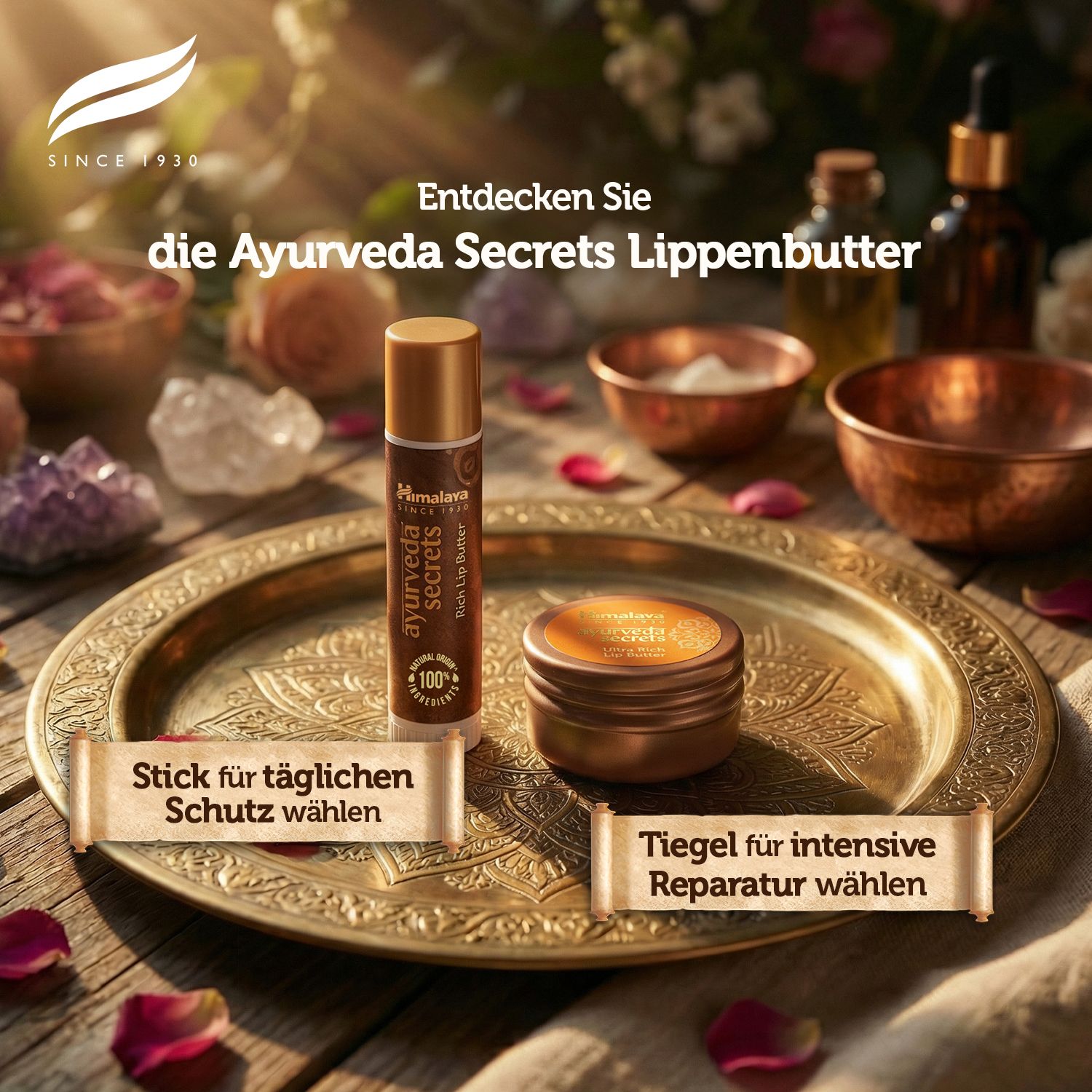 Himalaya Ayurveda Secrets Lippenbutter Stick und Tiegel auf einer verzierten Schale.