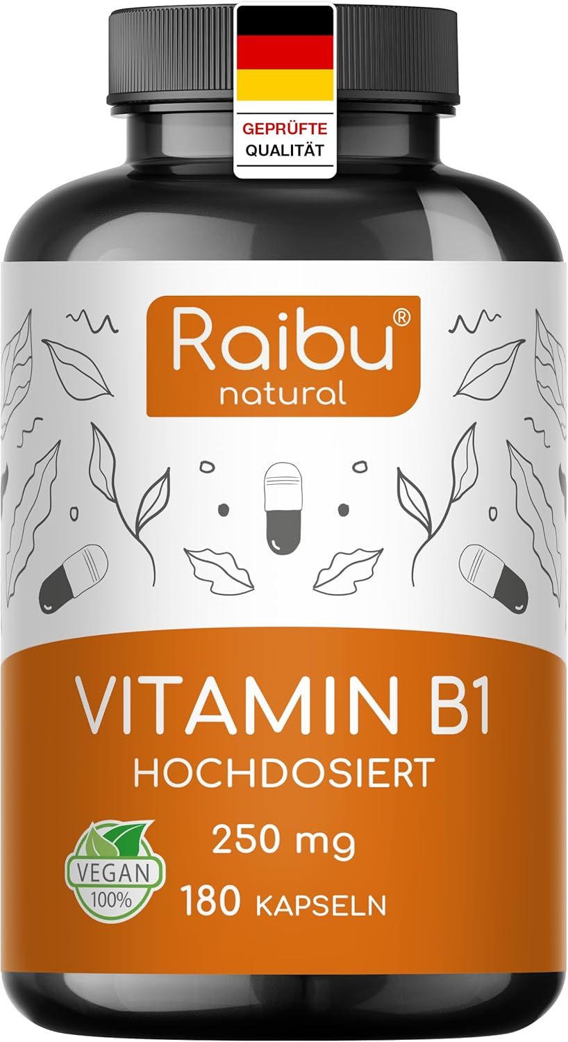 Braune Flasche mit Vitamin B1 Kapseln. Aufschrift: 250 mg, 180 Kapseln. Vegan-Siegel. Geprüfte Qualität.
