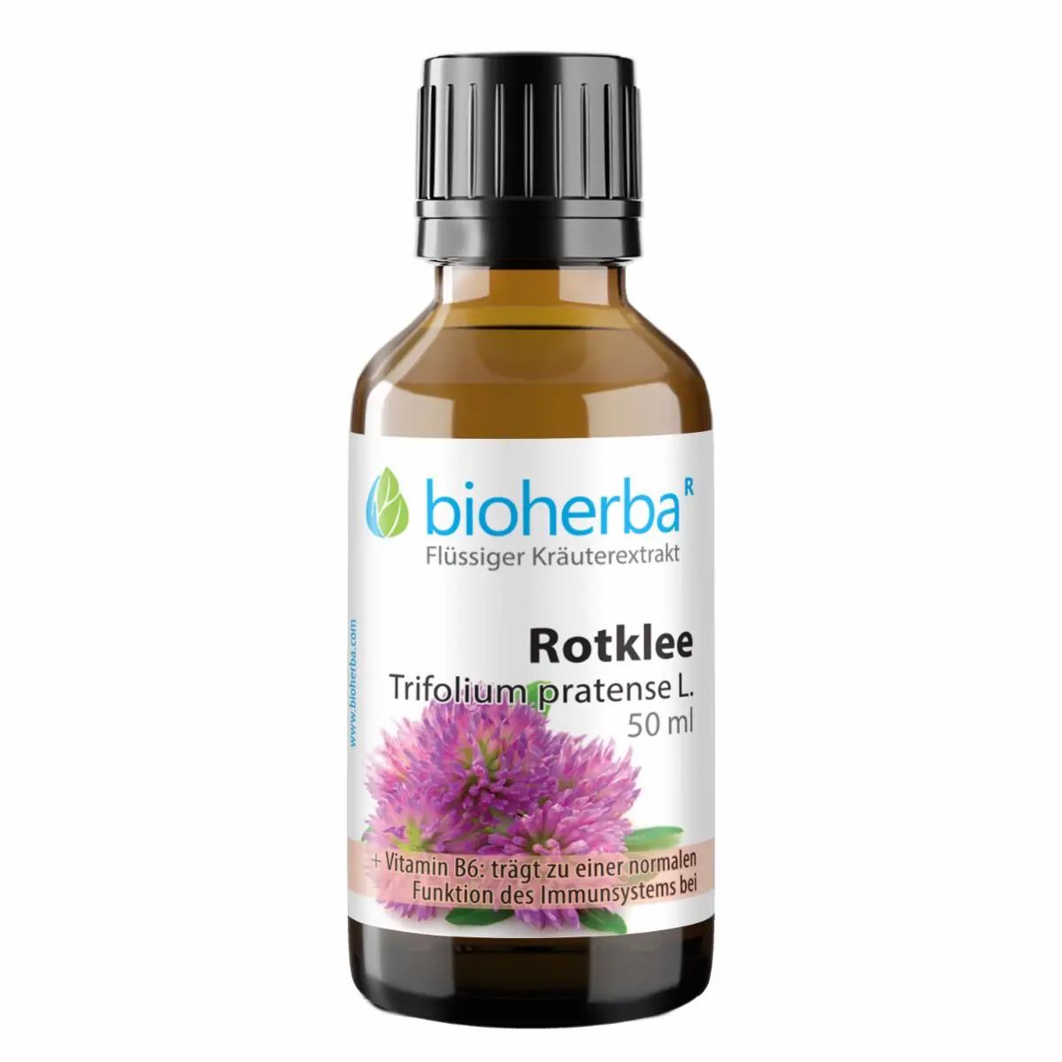 Braune Glasflasche mit schwarzem Deckel. Etikett mit Produktnamen, Kleeblume und Text. "Bioherba" Logo.