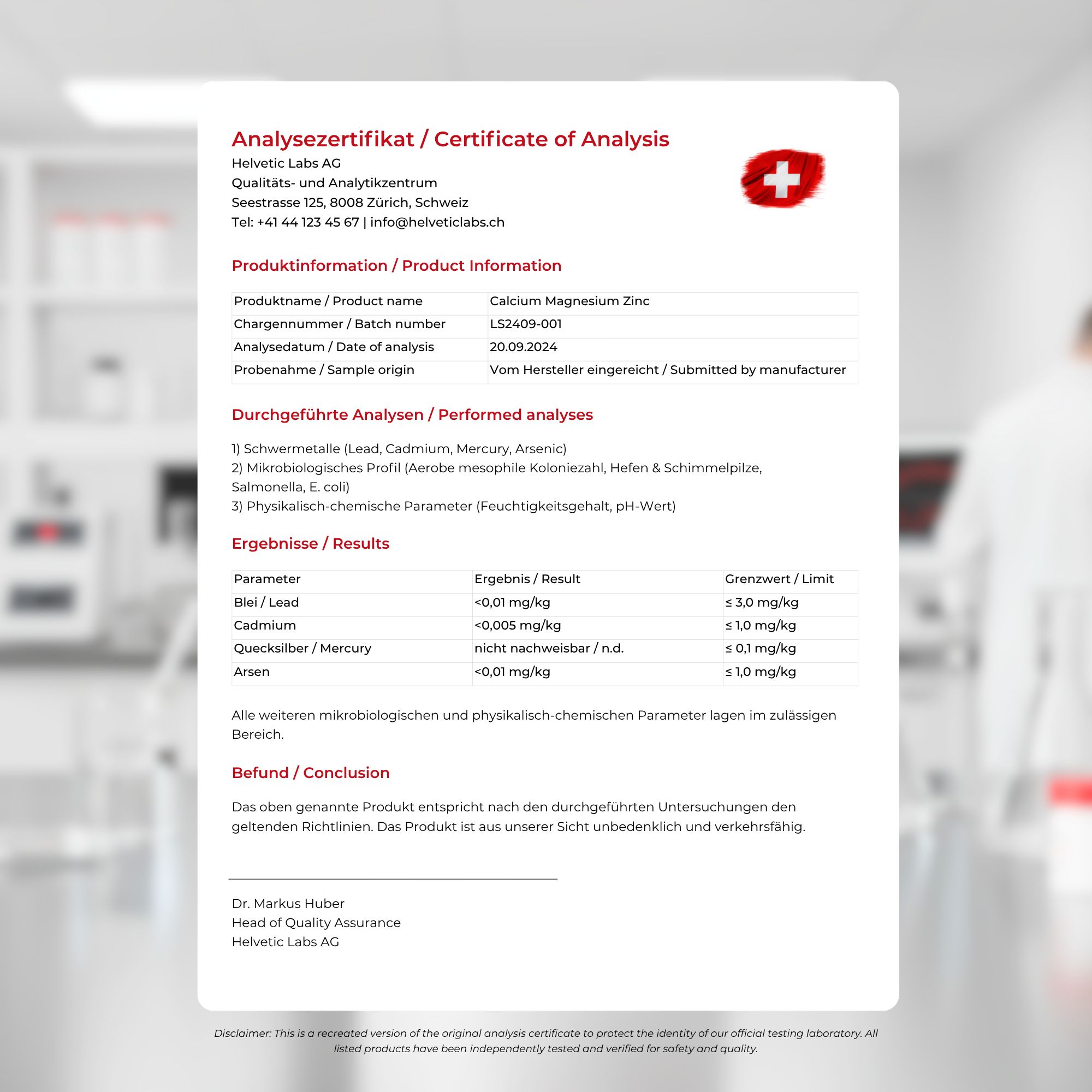 Analyse Zertifikat. Informationen zu Calcium Magnesium Zink. Ergebnisse, Grenzwerte, und Konformitätserklärung.